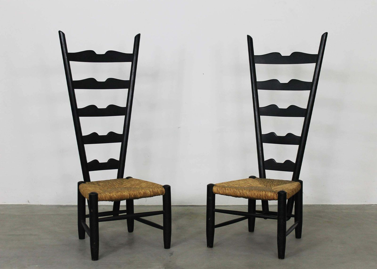 Gio Ponti Set Of Two Fireside Chairs In Black Lacquered Wood And Rush 1950s photo for sale