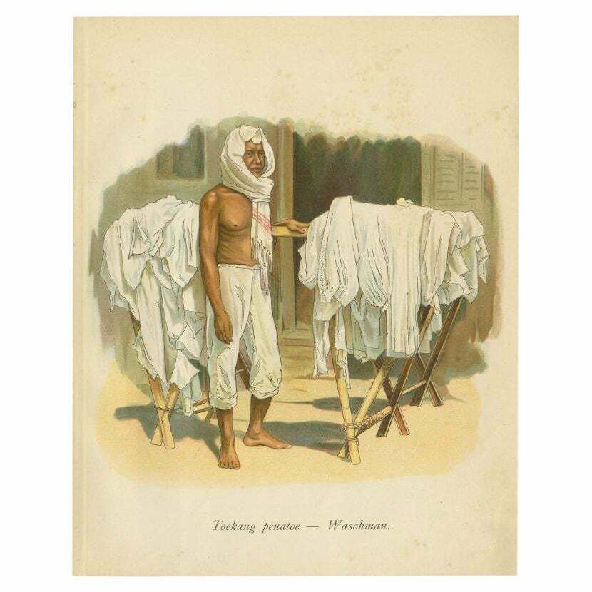 Antique Print Of An Indonesian Man Doing The Laundry, 1909