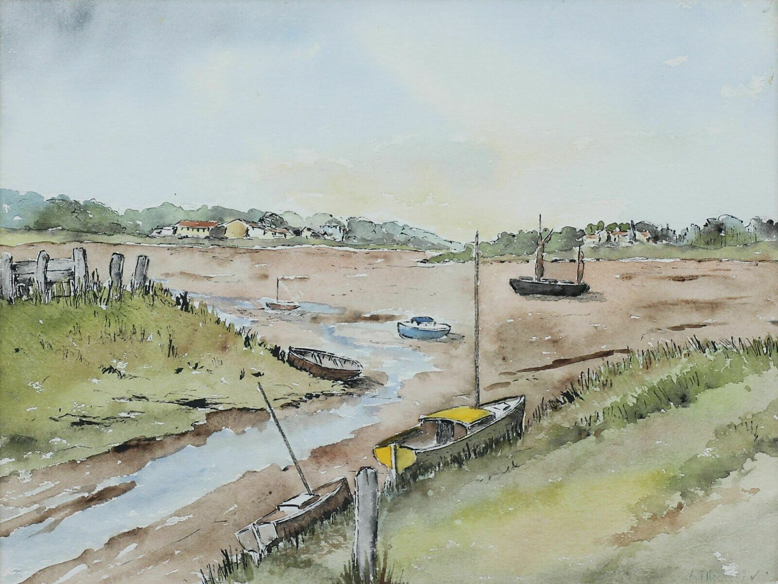 Watercolour Of Moored Boats At A Tidal Estuary photo furniture