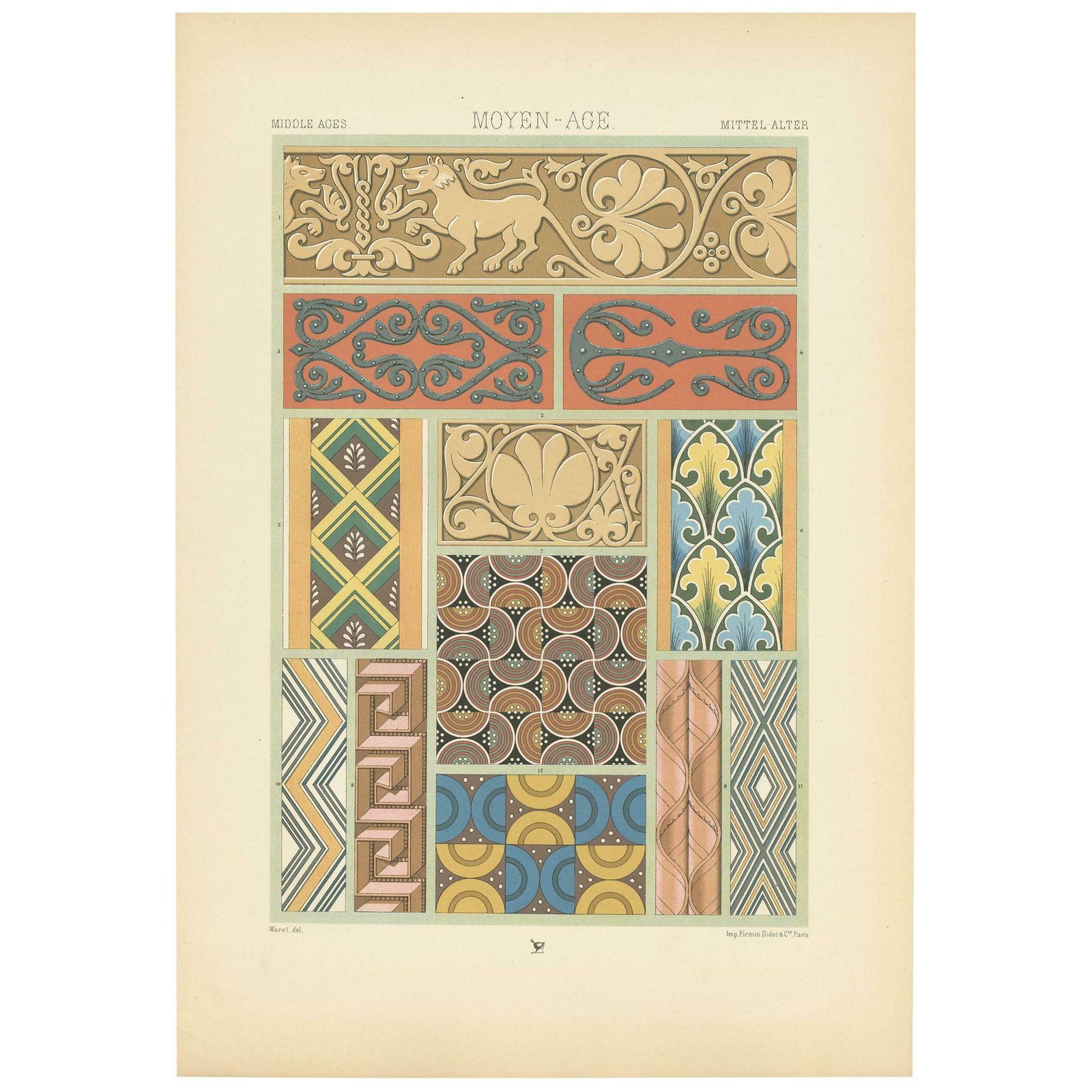 Pl. 48 Antique Print Of Middle Ages Bas Reliefs, Ironwork By Racinet, Circa 1890