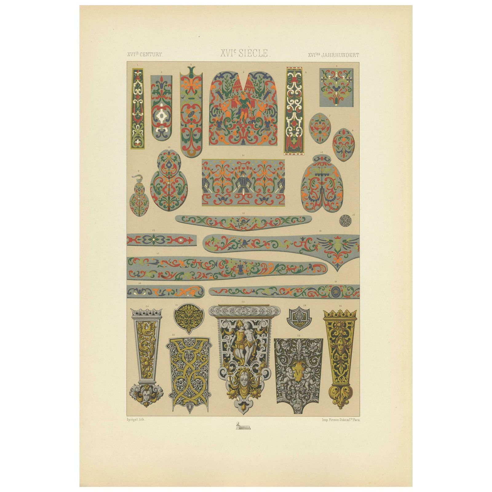 Pl. 96 Antique Print Of 16th Century Metalwork On Swords By Racinet Circa 1890