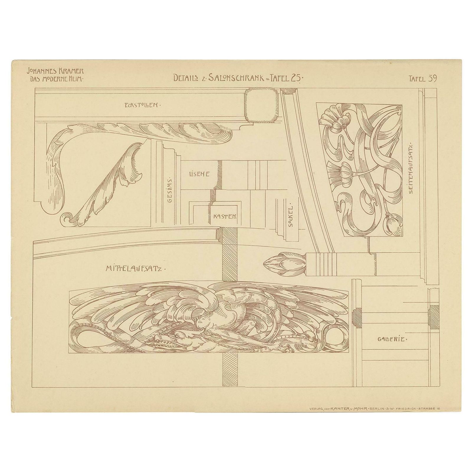 Pl. 39 Antique Print Of Furniture Details By Kramer, Circa 1910
