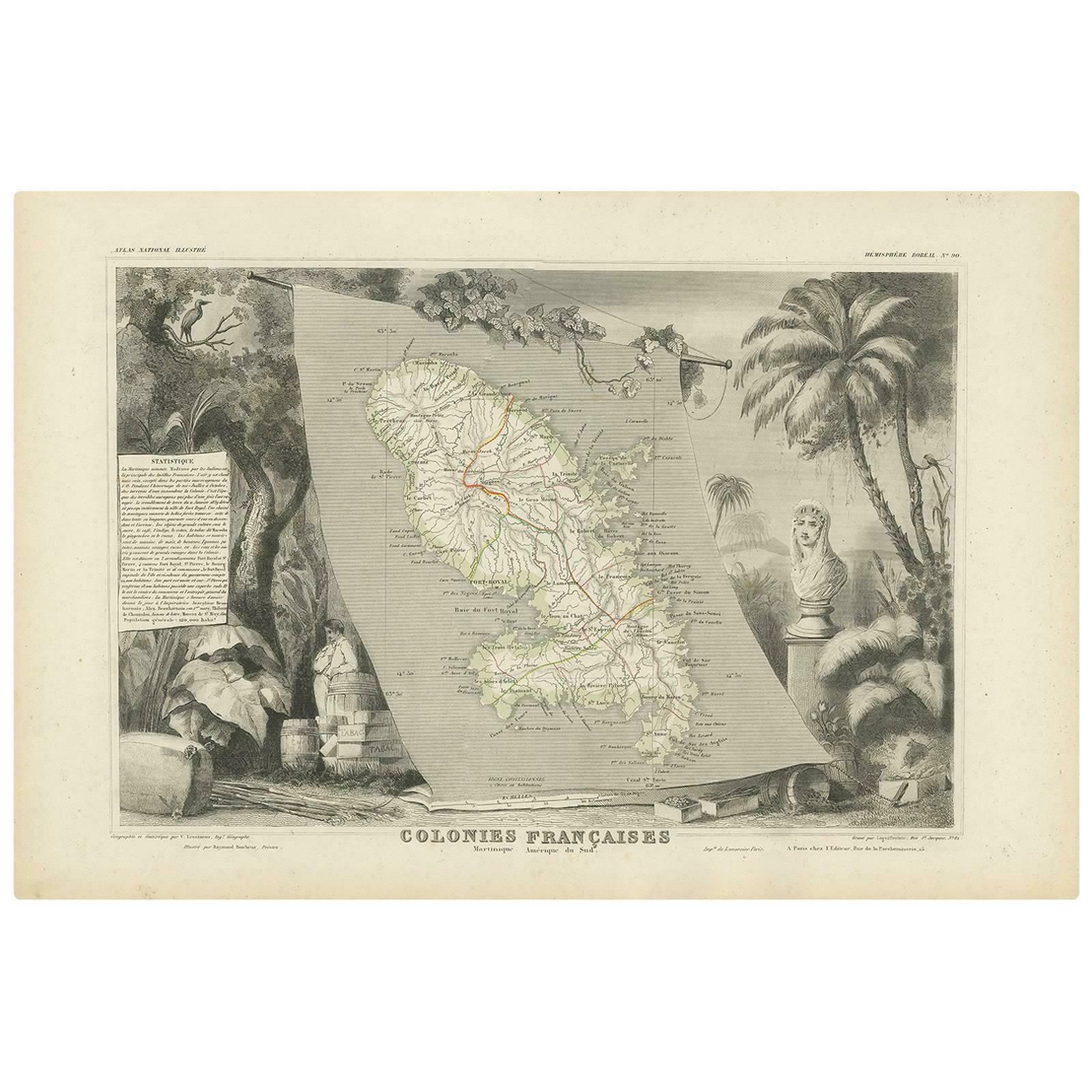Antique Map Of The French Colony Martinique By V. Levasseur, 1854