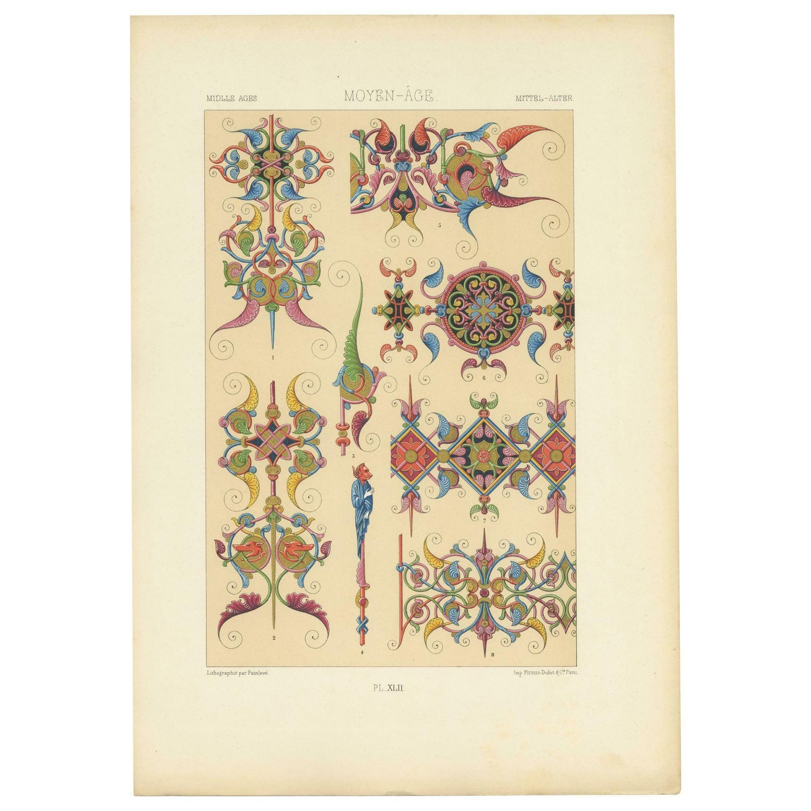 Pl. 42 Antique Print Of Middle Ages Ornaments By Racinet, Circa 1890