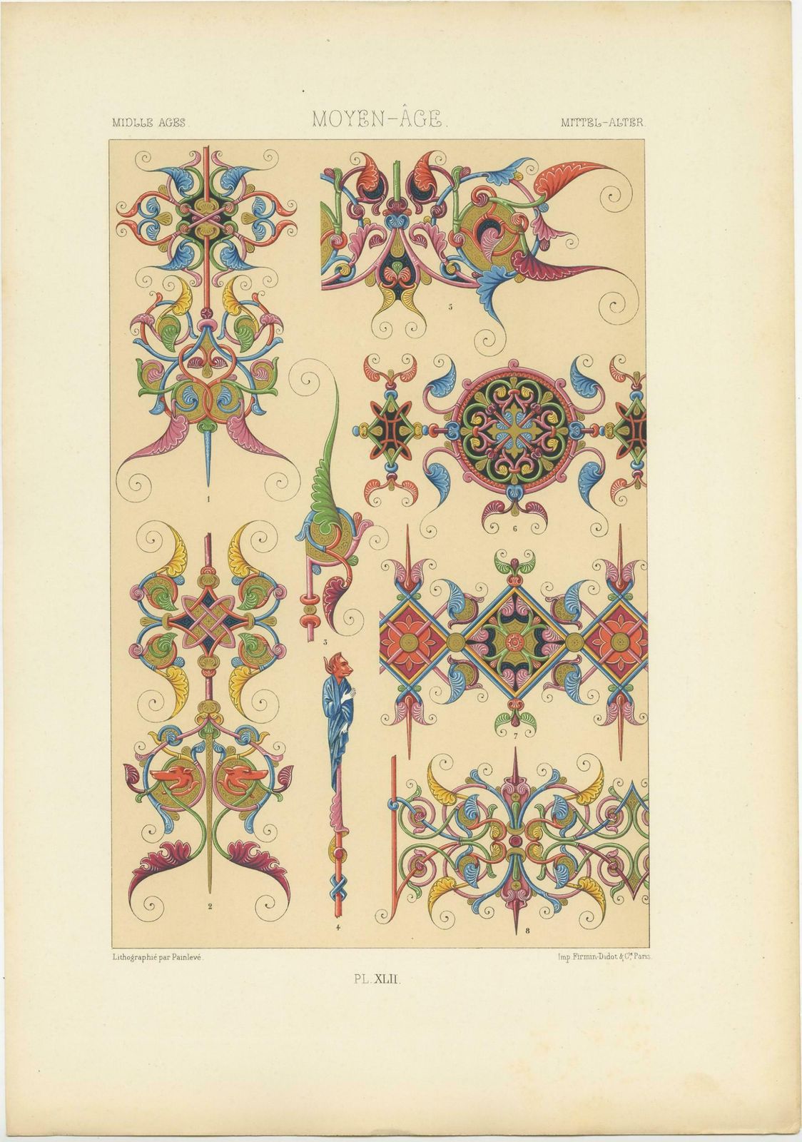 Pl. 42 Antique Print Of Middle Ages Ornaments By Racinet, Circa 1890 photo Art