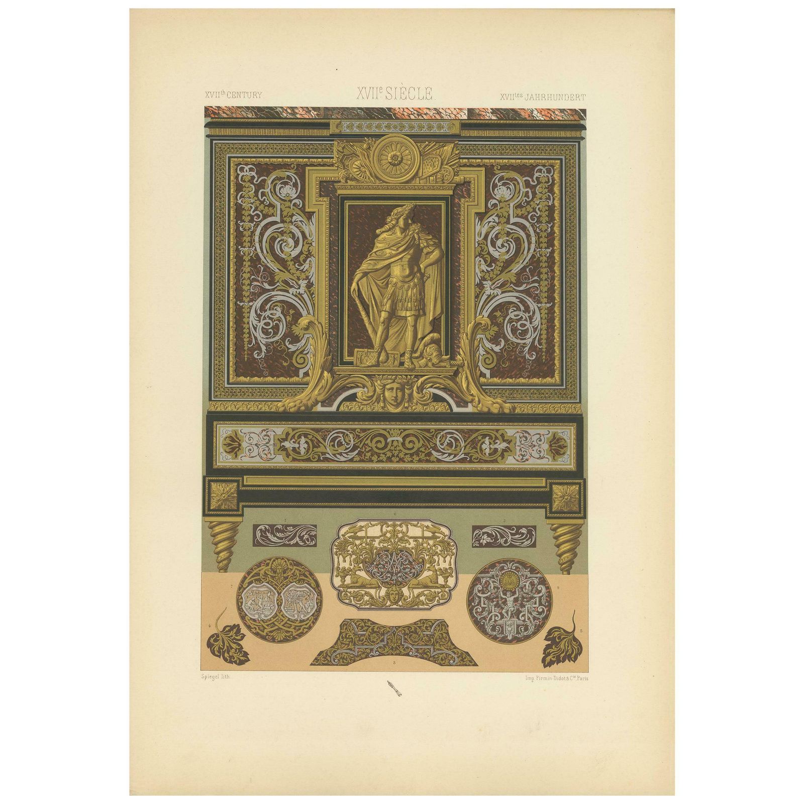 Pl. 108 Antique Print Of 17th Century Metallic Inlay By Racinet, Circa 1890