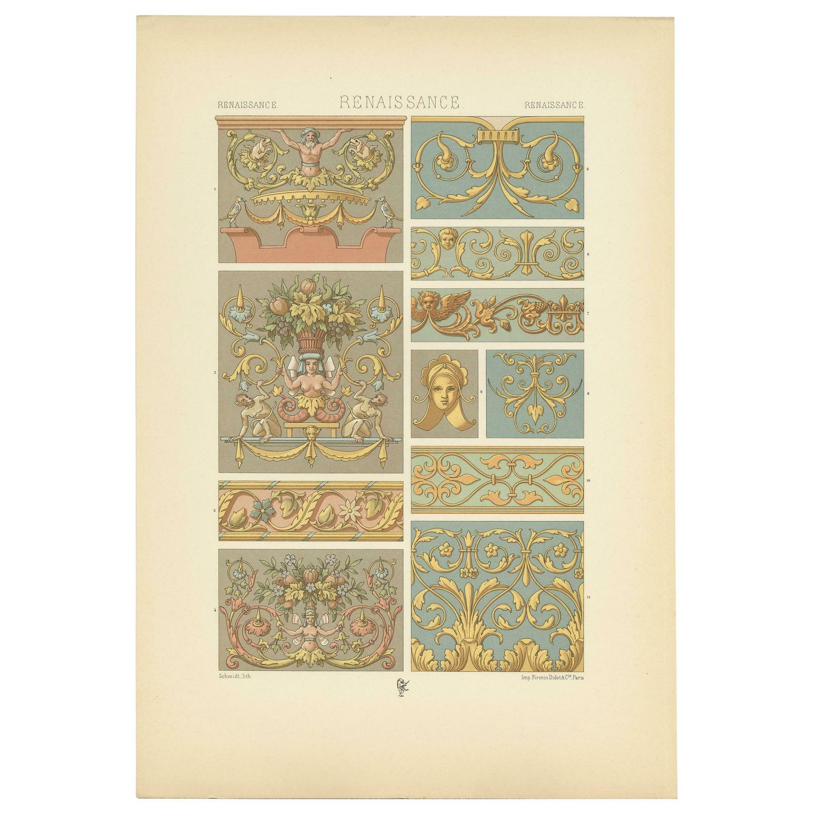 Pl. 95 Antique Print Of Renaissance Ornament From Flemish, Racinet 'Circa 1890'