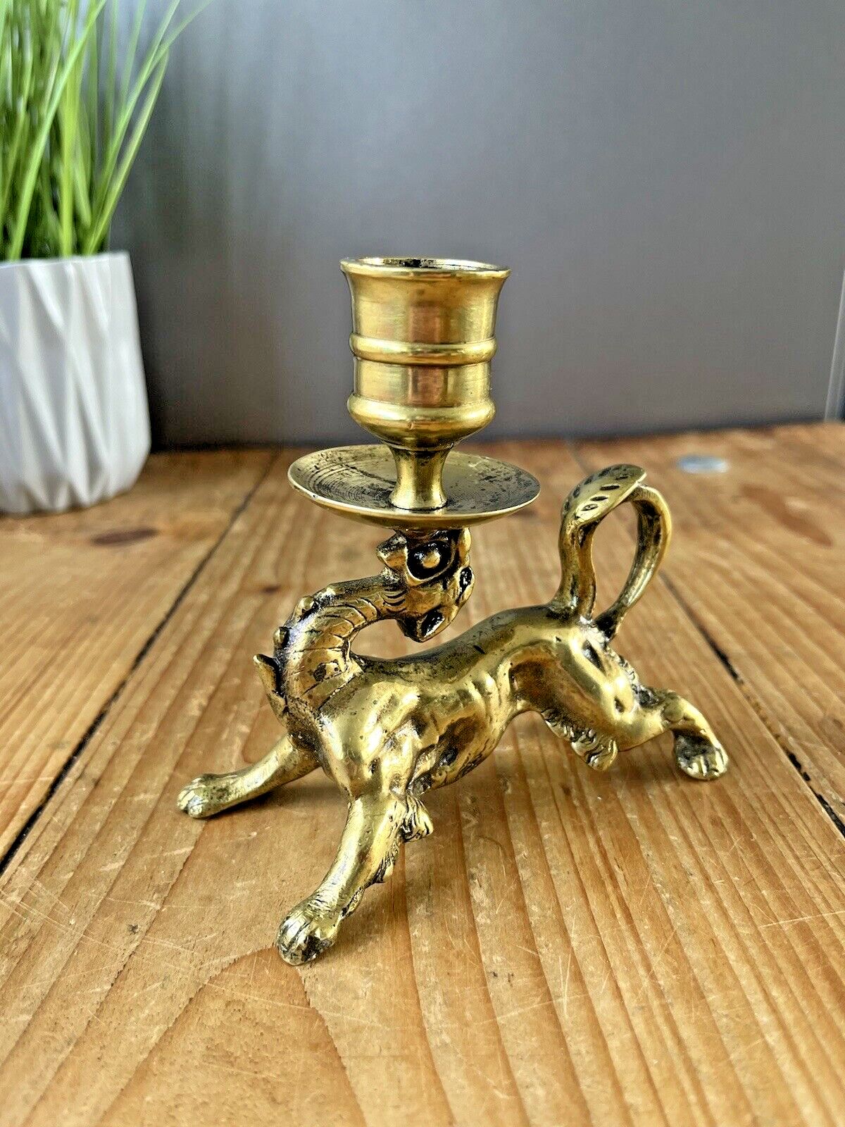 Home Decor Quality Antique 19th C Chinese Dragon Candlestick Candle Holder Mythical Foo Dog photo