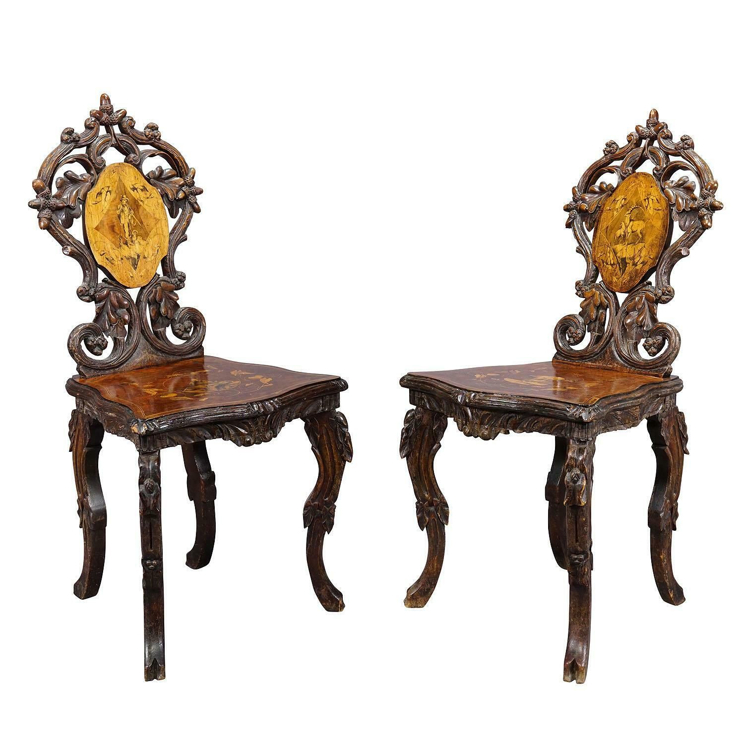 Pair Nutwood Edelweis Marquetry Chairs Swiss Brienz 1900 photo furniture