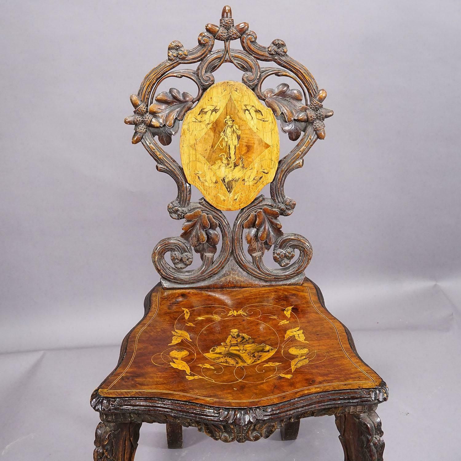 Pair Nutwood Edelweis Marquetry Chairs Swiss Brienz 1900 photo 2723.0