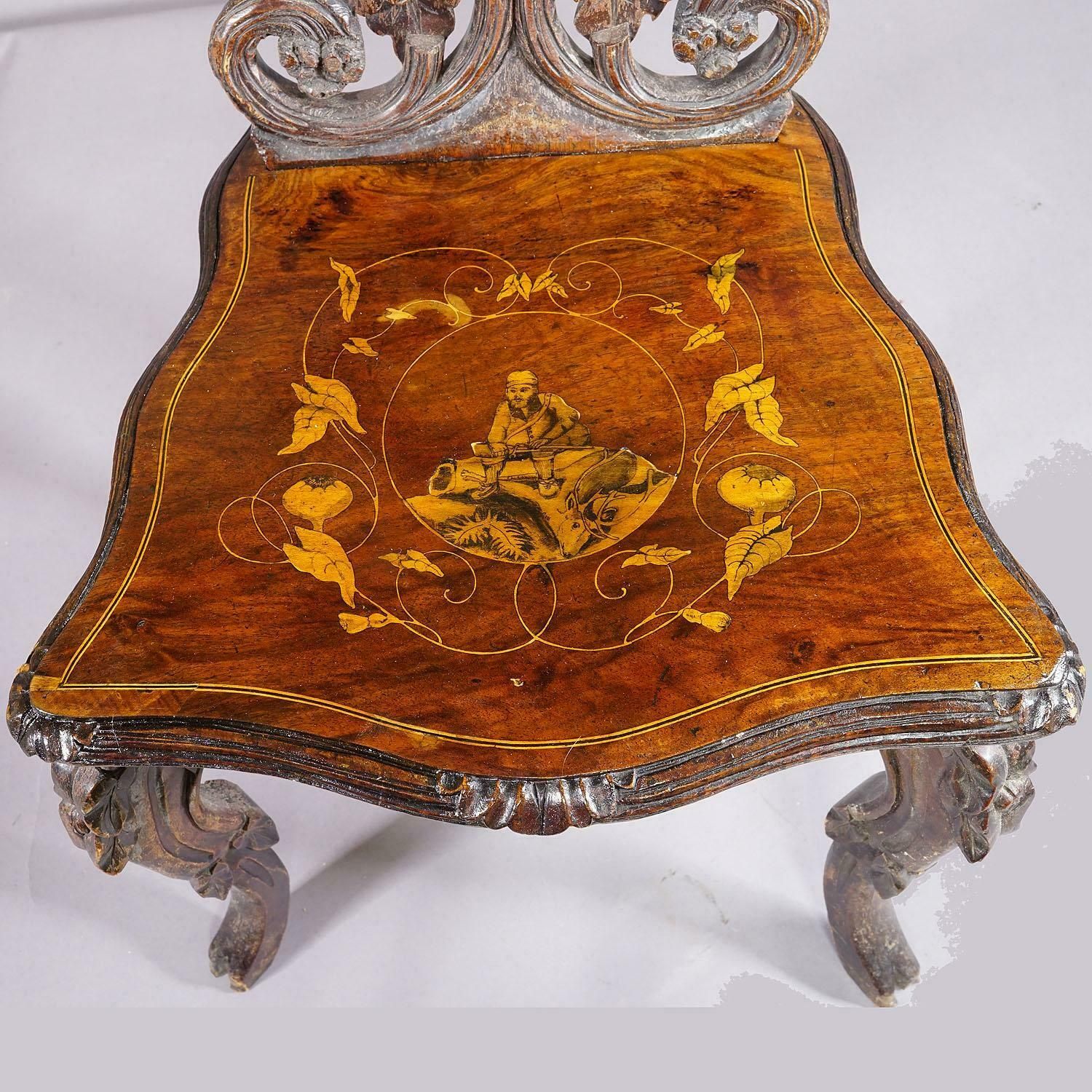 Pair Nutwood Edelweis Marquetry Chairs Swiss Brienz 1900 photo vinterior