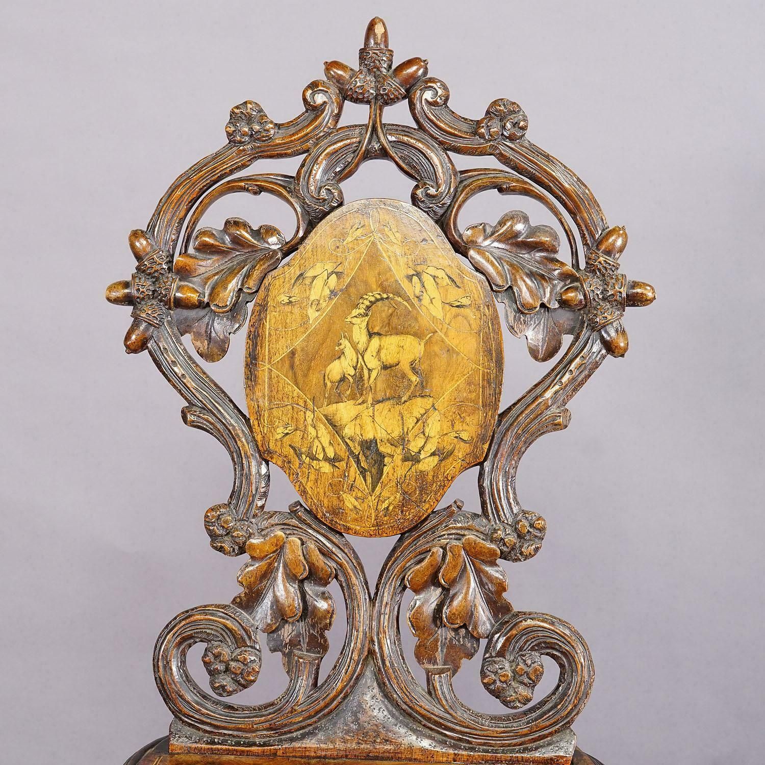 2723.0 Pair Nutwood Edelweis Marquetry Chairs Swiss Brienz 1900 photo