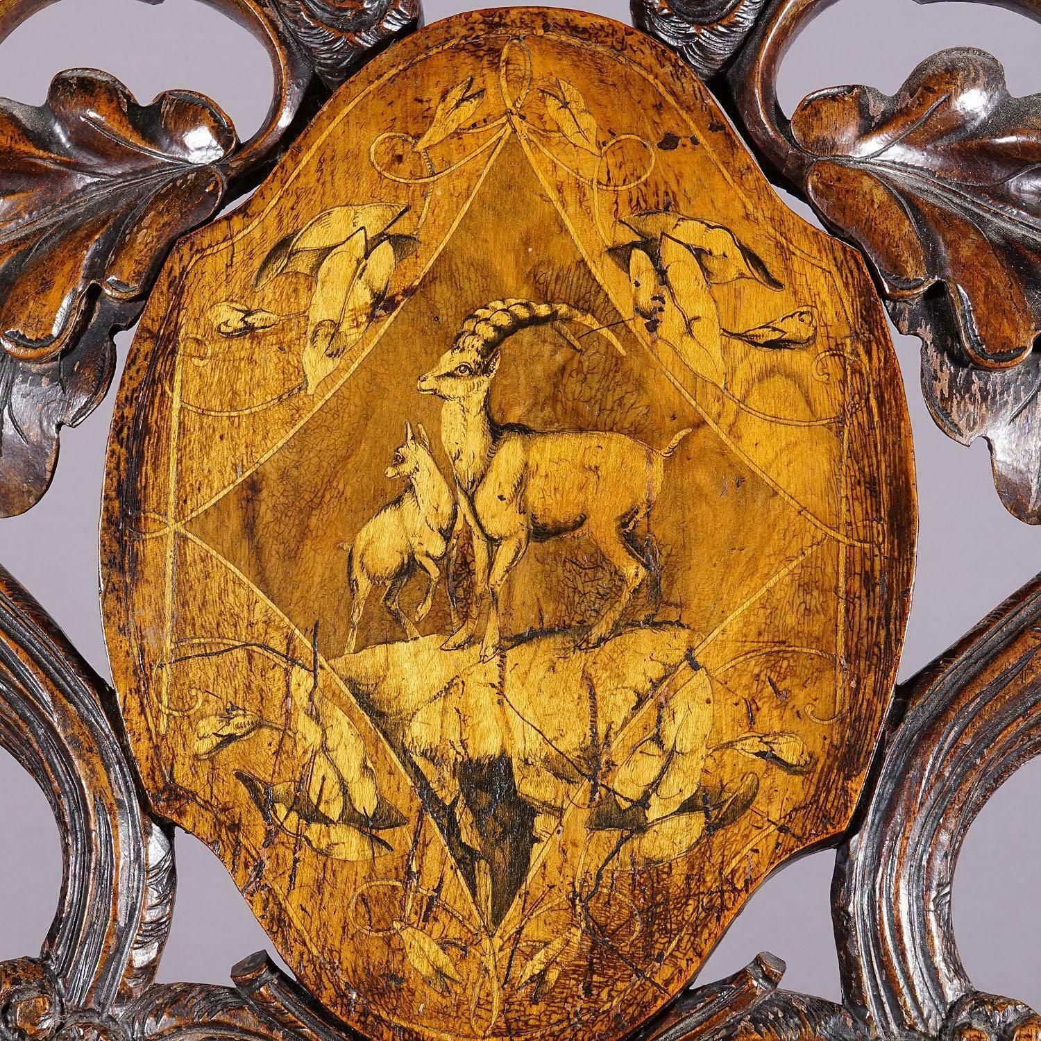 photo vinterior Pair Nutwood Edelweis Marquetry Chairs Swiss Brienz 1900