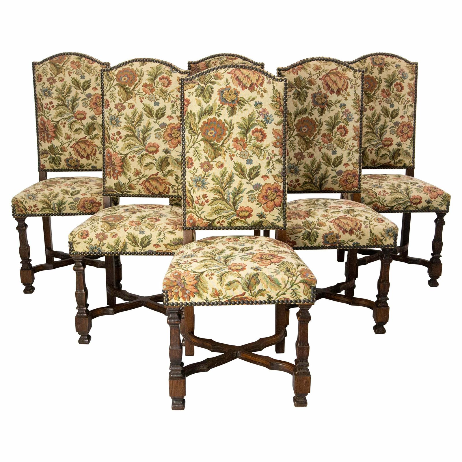 Six Dining Chairs Chestnut And Upholstery, Midcentury French