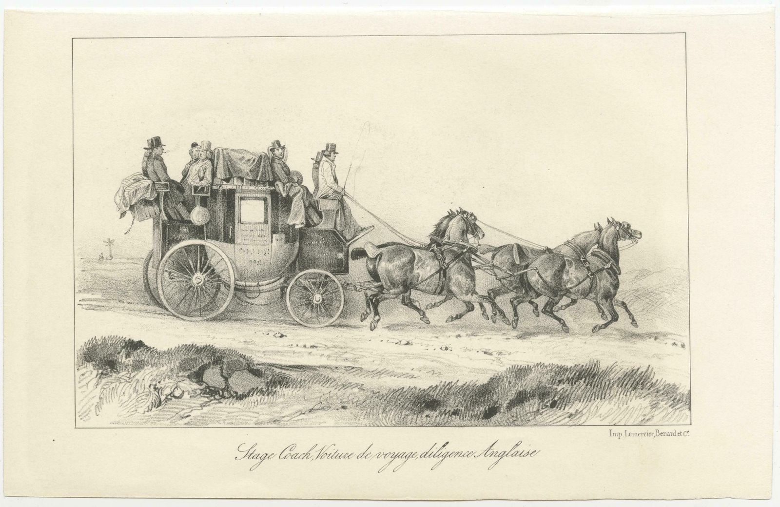 Set Of 2 Antique Prints Of Horse And Carriage By Lemercier 'C.1835' photo furniture