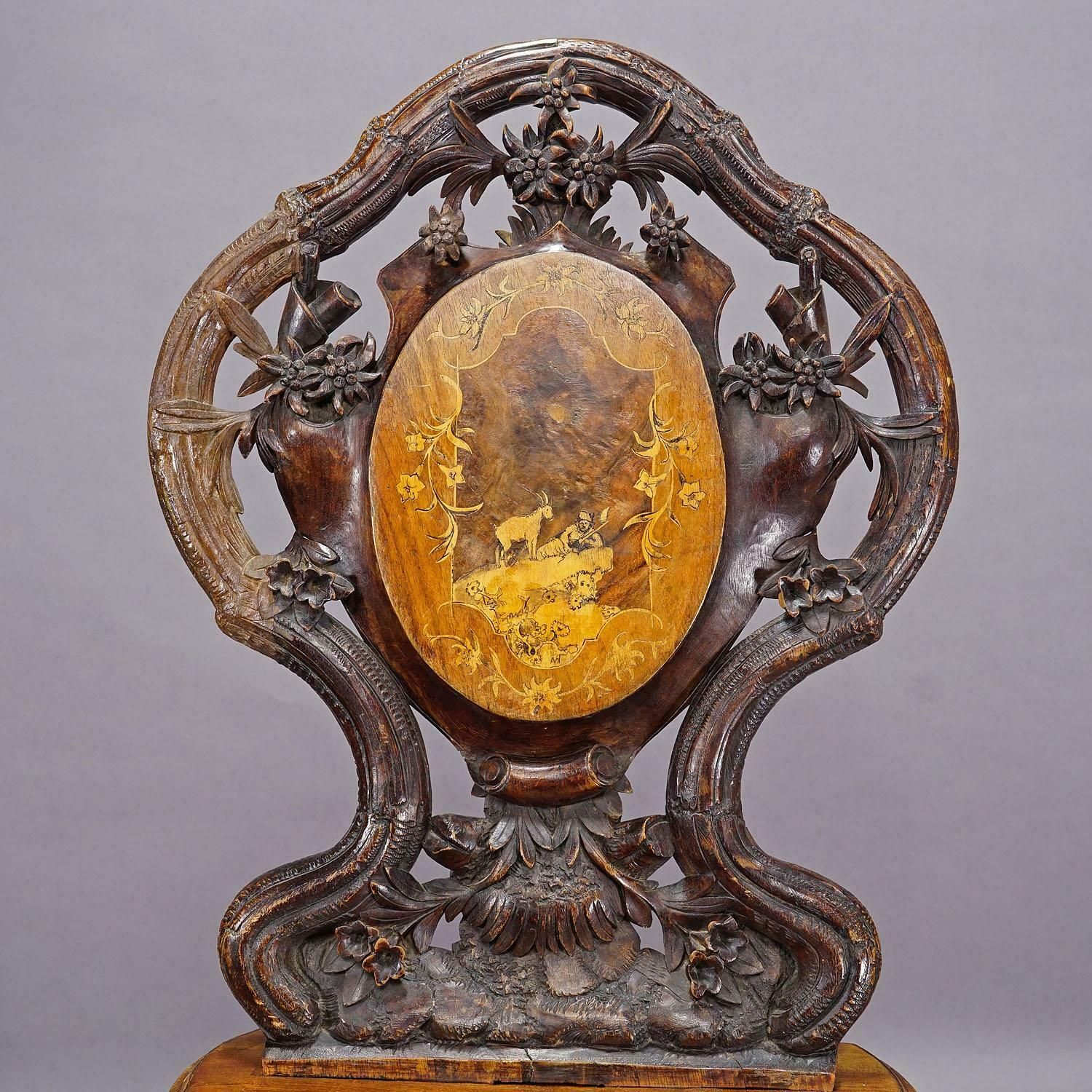 Pair Nutwood Edelweis Marquetry Chairs Swiss Brienz 1900 photo 3101.0