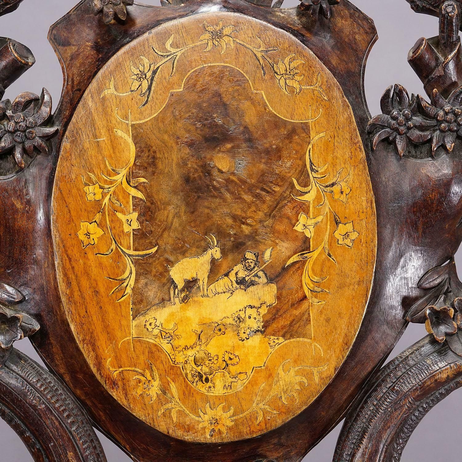 Pair Nutwood Edelweis Marquetry Chairs Swiss Brienz 1900 photo vinterior