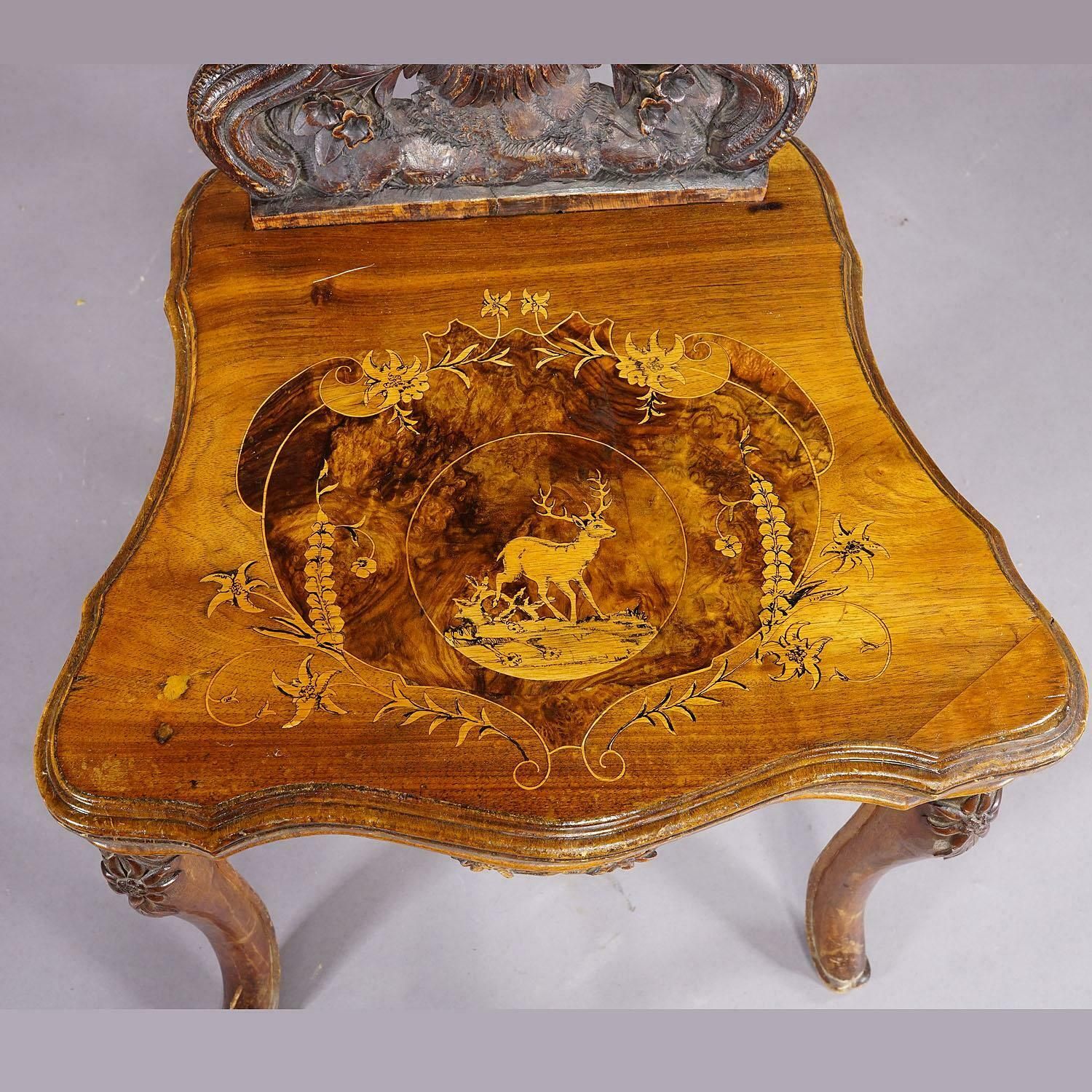 Pair Nutwood Edelweis Marquetry Chairs Swiss Brienz 1900 photo buy