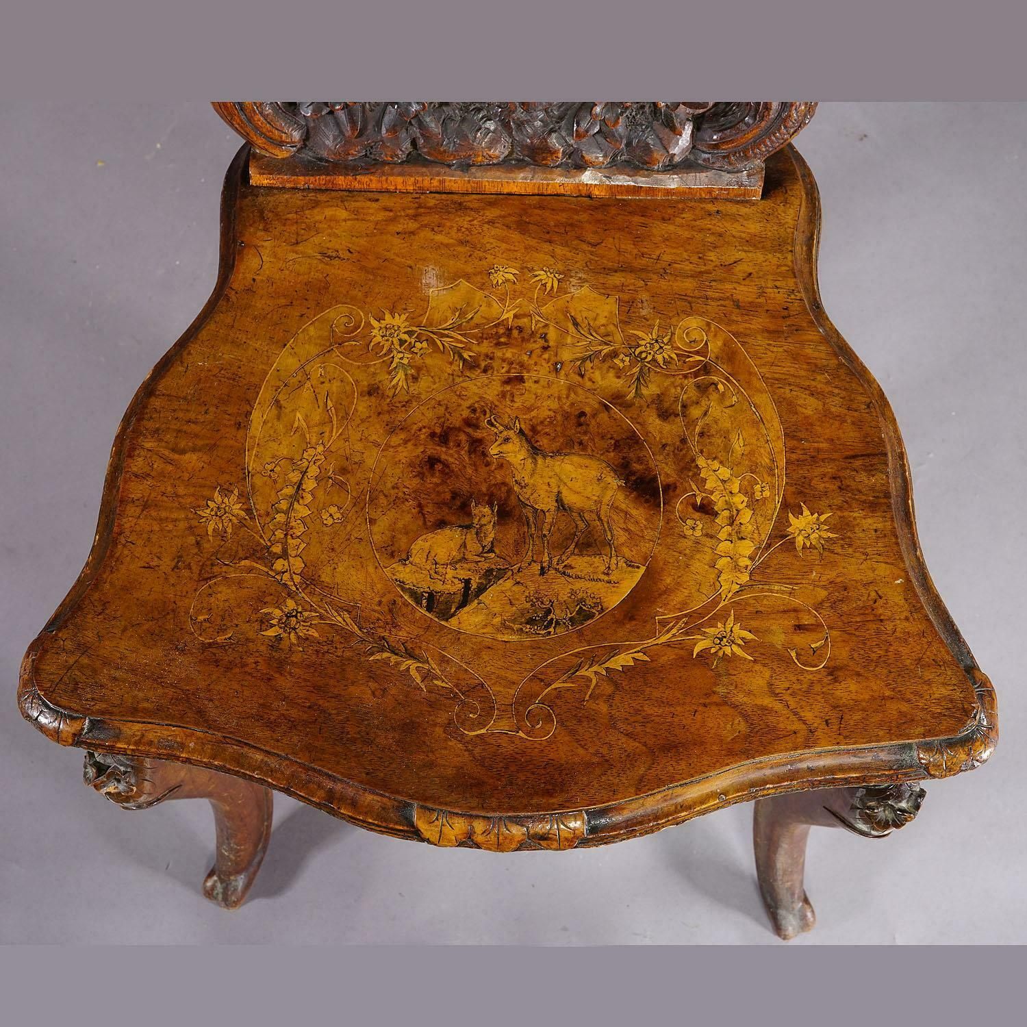 Furniture Pair Nutwood Edelweis Marquetry Chairs Swiss Brienz 1900 photo