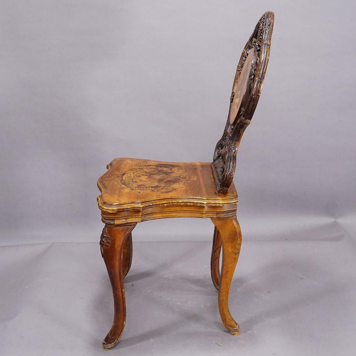 photo vinterior Pair Nutwood Edelweis Marquetry Chairs Swiss Brienz 1900