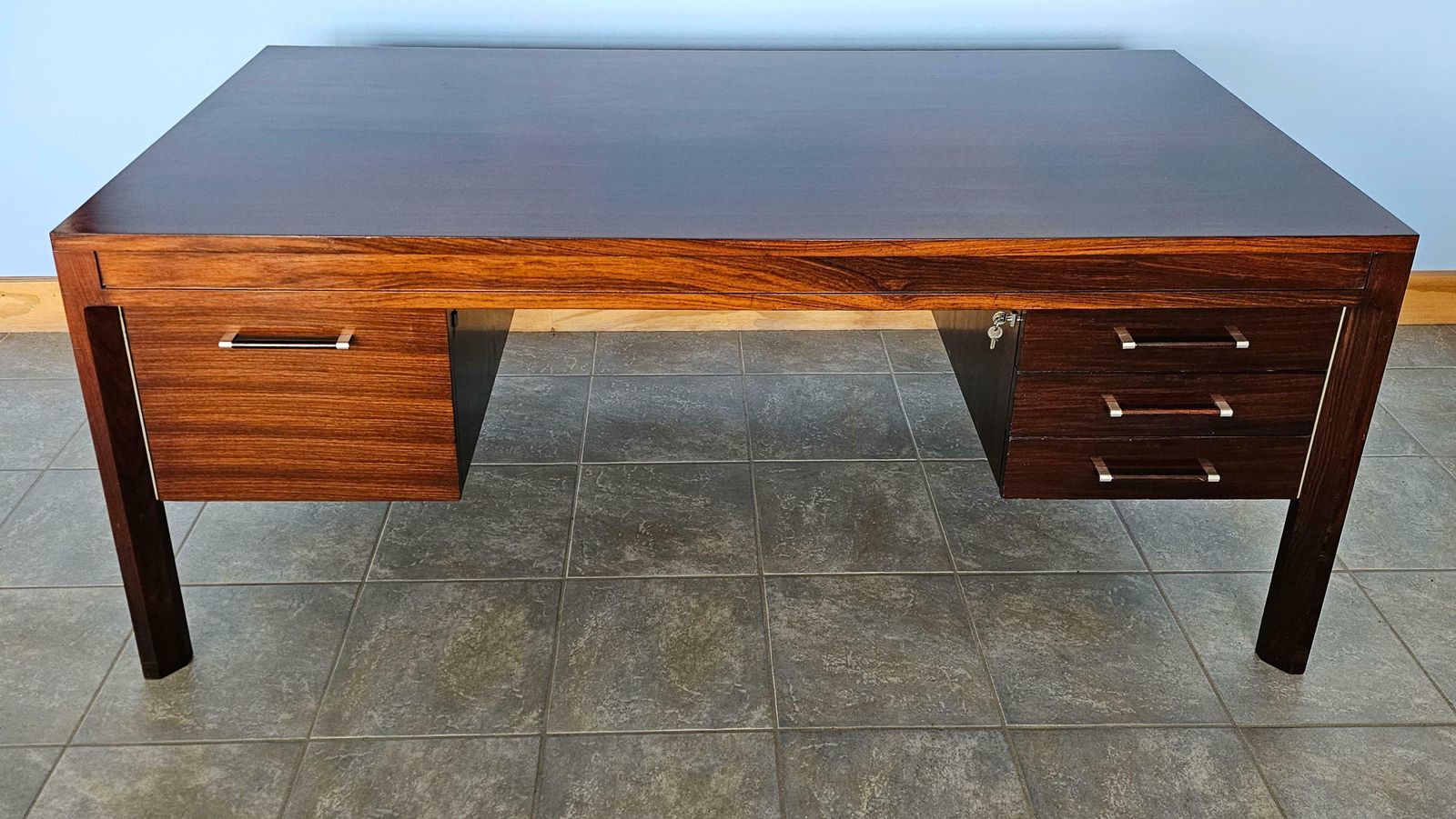 Anonima Castelli Palisander Wood Desk With Elegant Metal Insert Handle, 1970s photo vintage