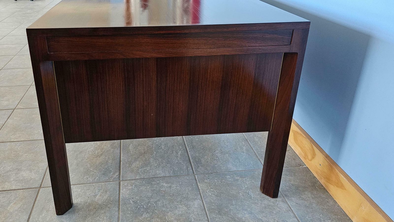 photo for sale Anonima Castelli Palisander Wood Desk With Elegant Metal Insert Handle, 1970s