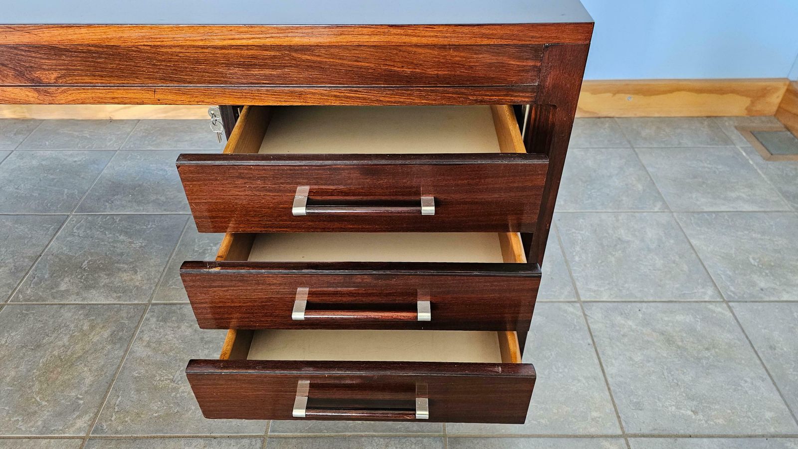 Furniture Anonima Castelli Palisander Wood Desk With Elegant Metal Insert Handle, 1970s photo