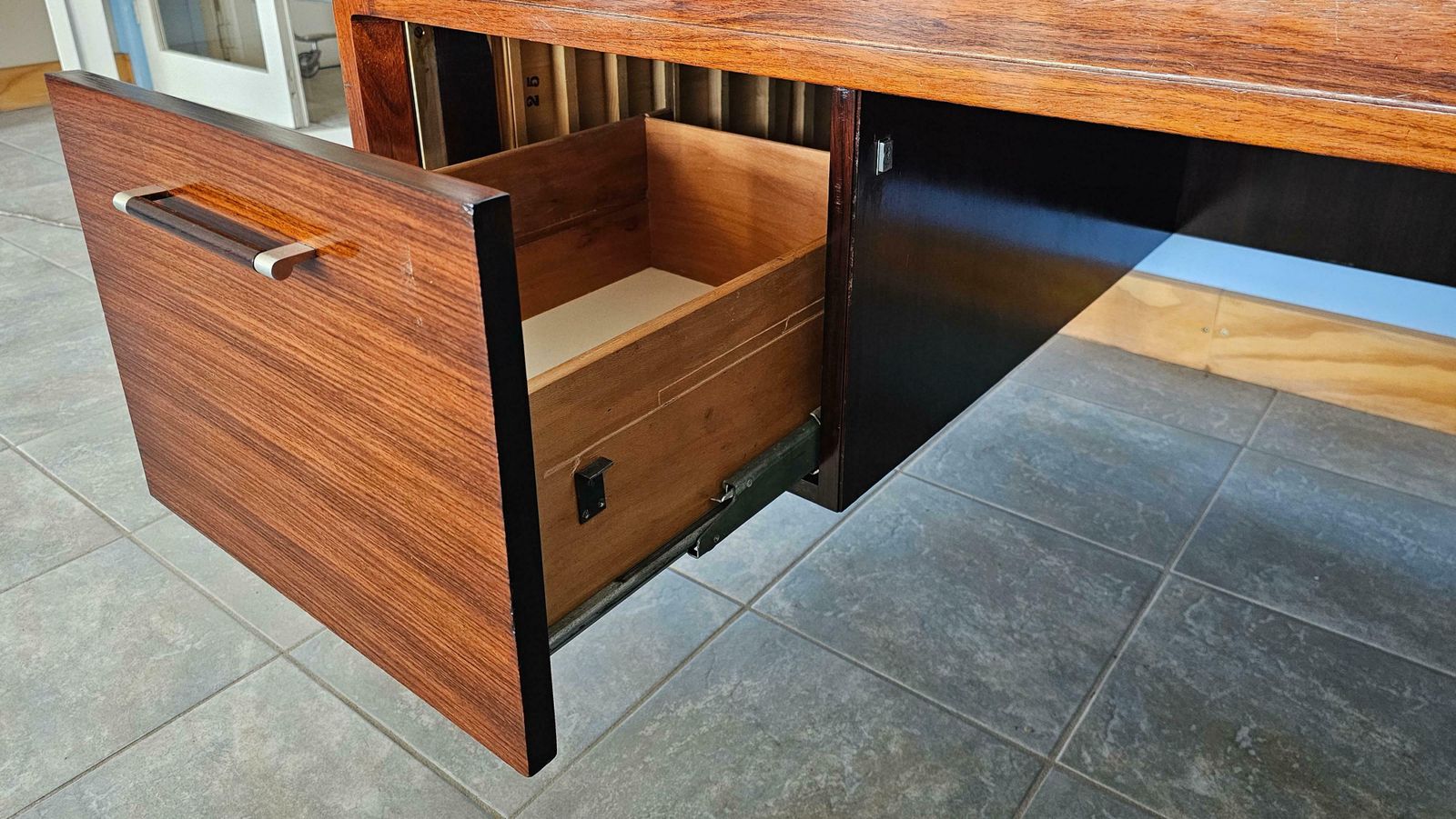 photo buy Anonima Castelli Palisander Wood Desk With Elegant Metal Insert Handle, 1970s
