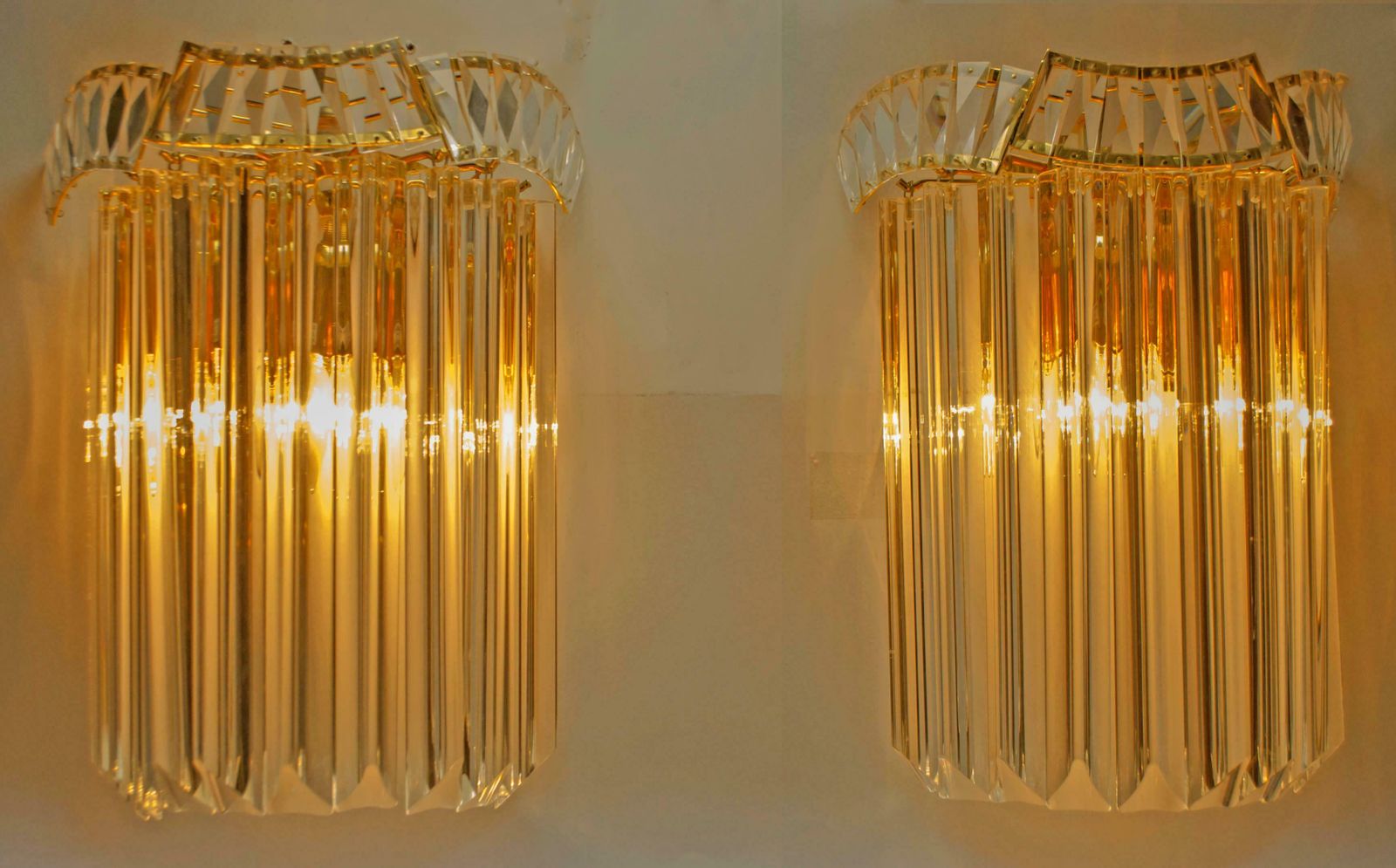 Pair Of Venini Mid Century Brass And Murano Glass "Triedri" Sconces, 1970s photo furniture