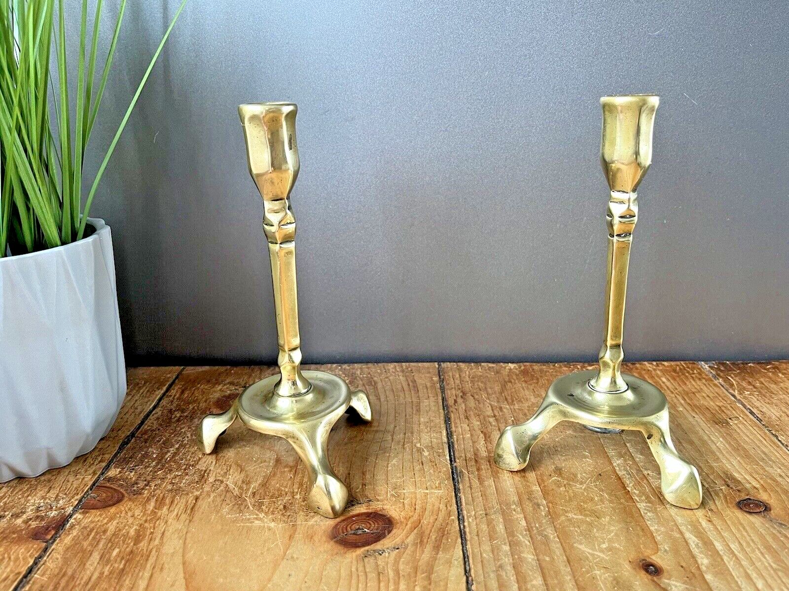 Pair Of English Antique Art Nouveau Tri Footed Base Candlesticks Candle Holders photo vinterior