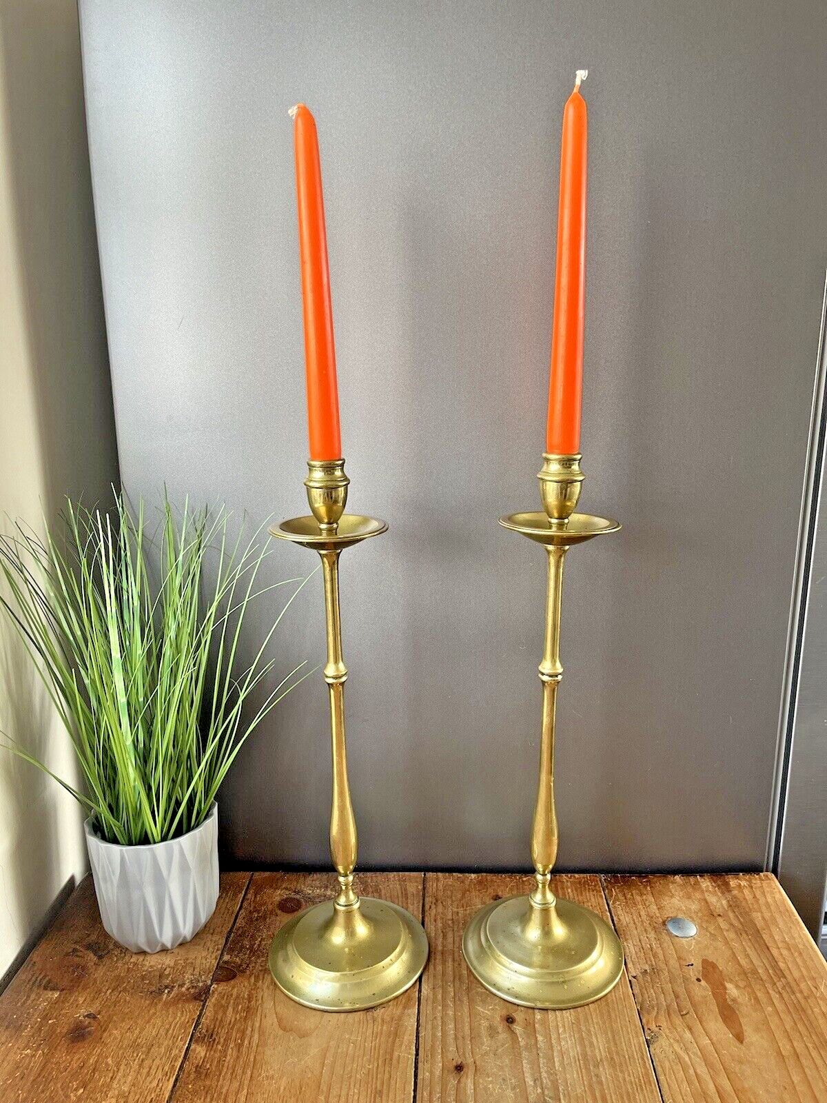Large Pair Of English Antique Brass Altar Candlesticks Candle Holders