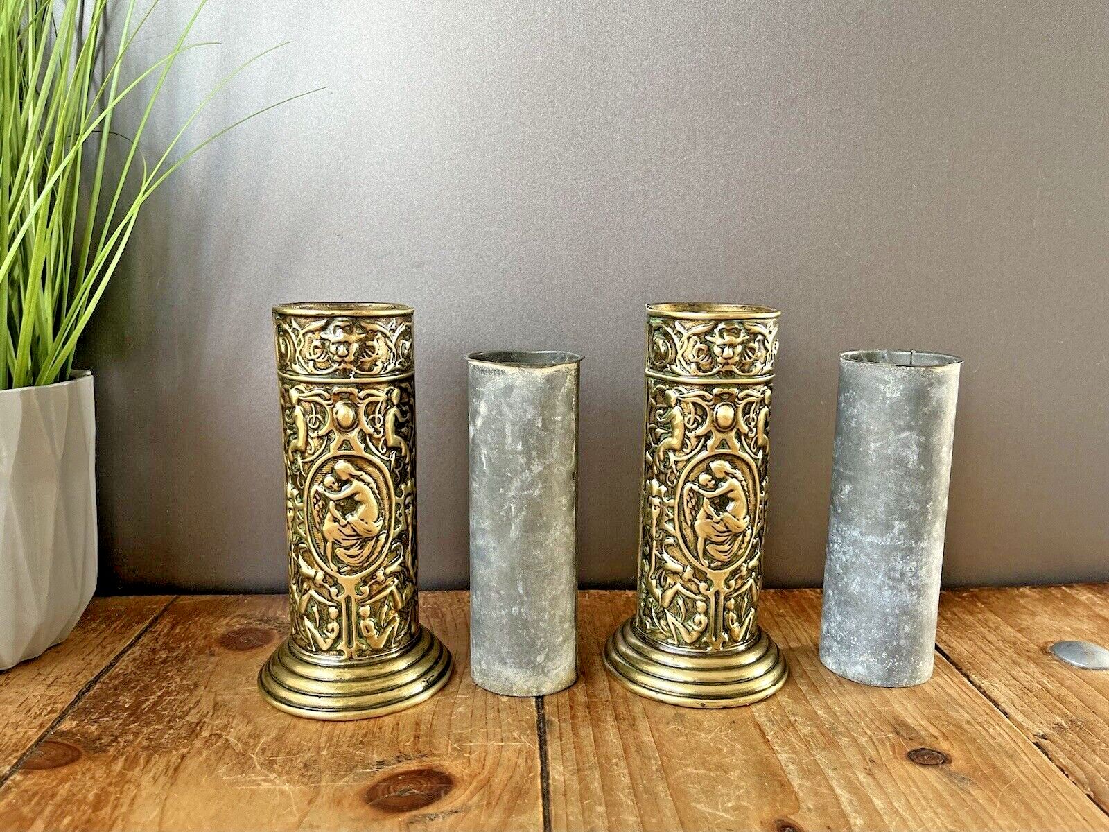 Pair Of Antique French Art Deco Stepped Base Repousse Mantel Spill Vases Cupid