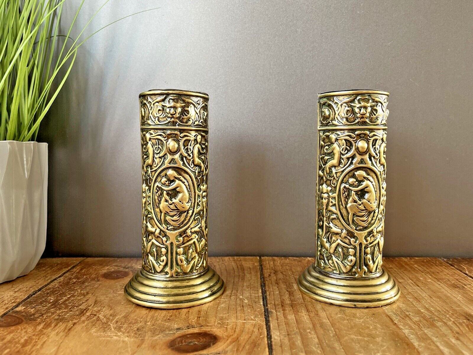 Pair Of Antique French Art Deco Stepped Base Repousse Mantel Spill Vases Cupid photo furniture