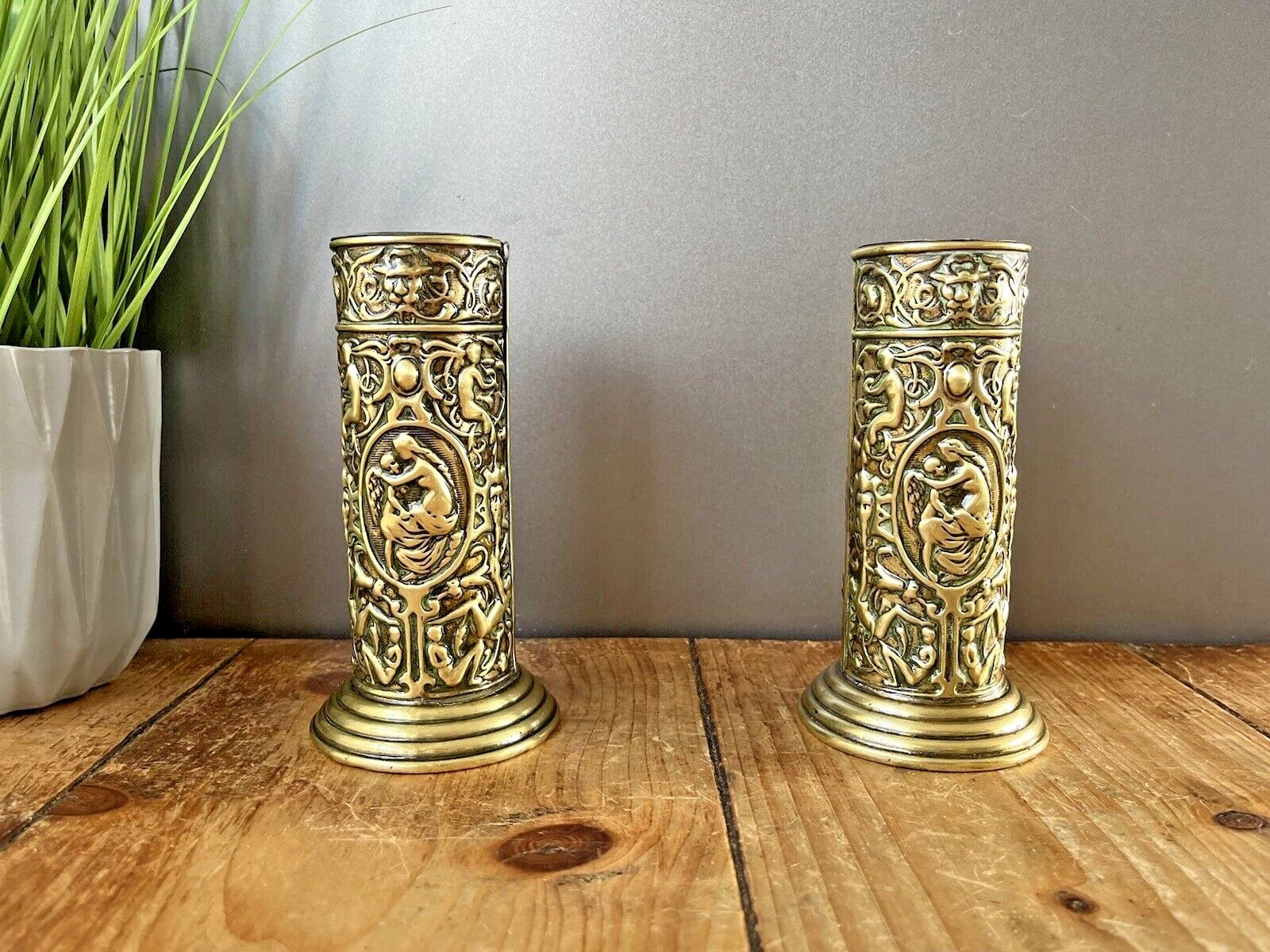 Pair Of Antique French Art Deco Stepped Base Repousse Mantel Spill Vases Cupid photo vinterior