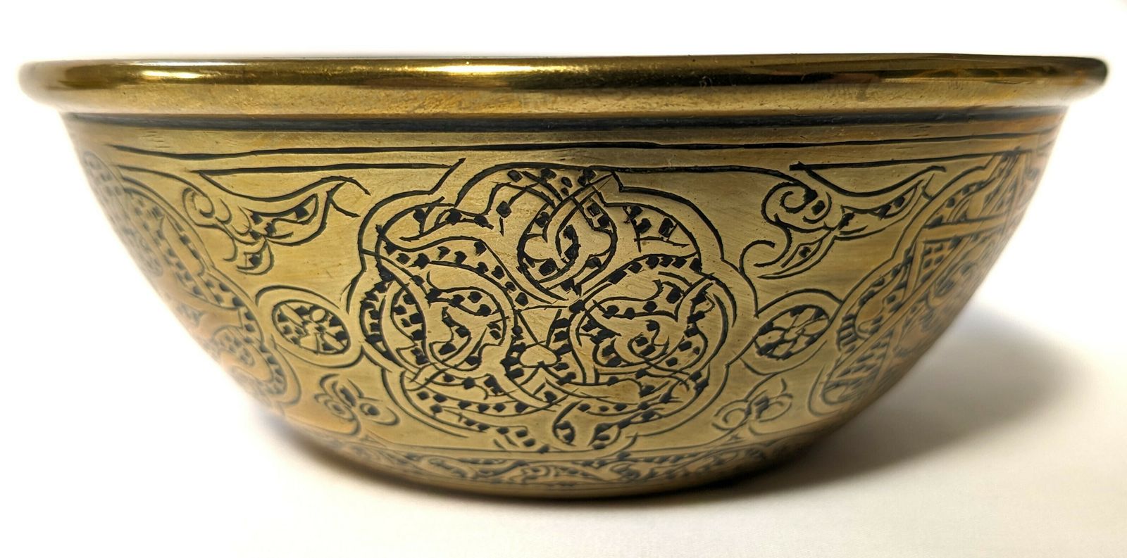 Pair Of Antique Islamic Middle East Engraved Brass Bowls photo vintage