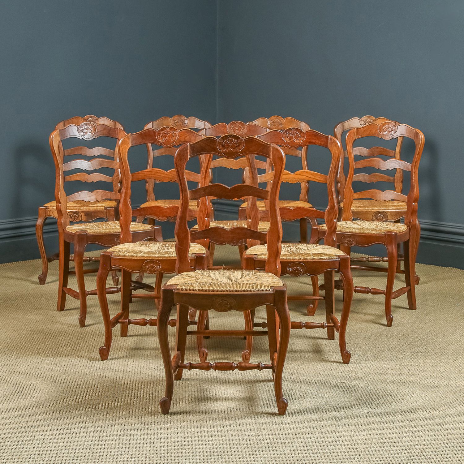 French Set Of 12 Twelve Louis XV Style Oak Ladder Back Rush Seat Kitchen Dining Chairs (Circa 1920)