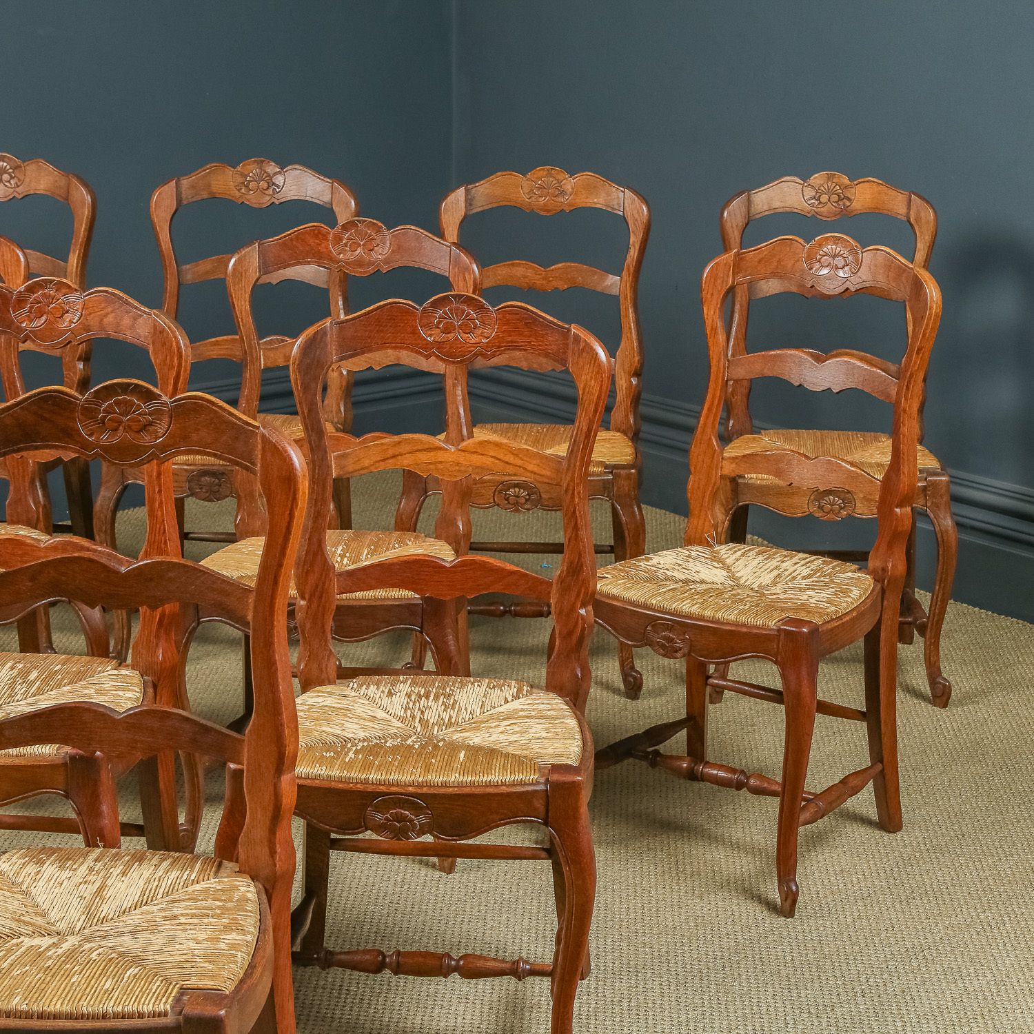 French Set Of 12 Twelve Louis XV Style Oak Ladder Back Rush Seat Kitchen Dining Chairs (Circa 1920) photo vinterior