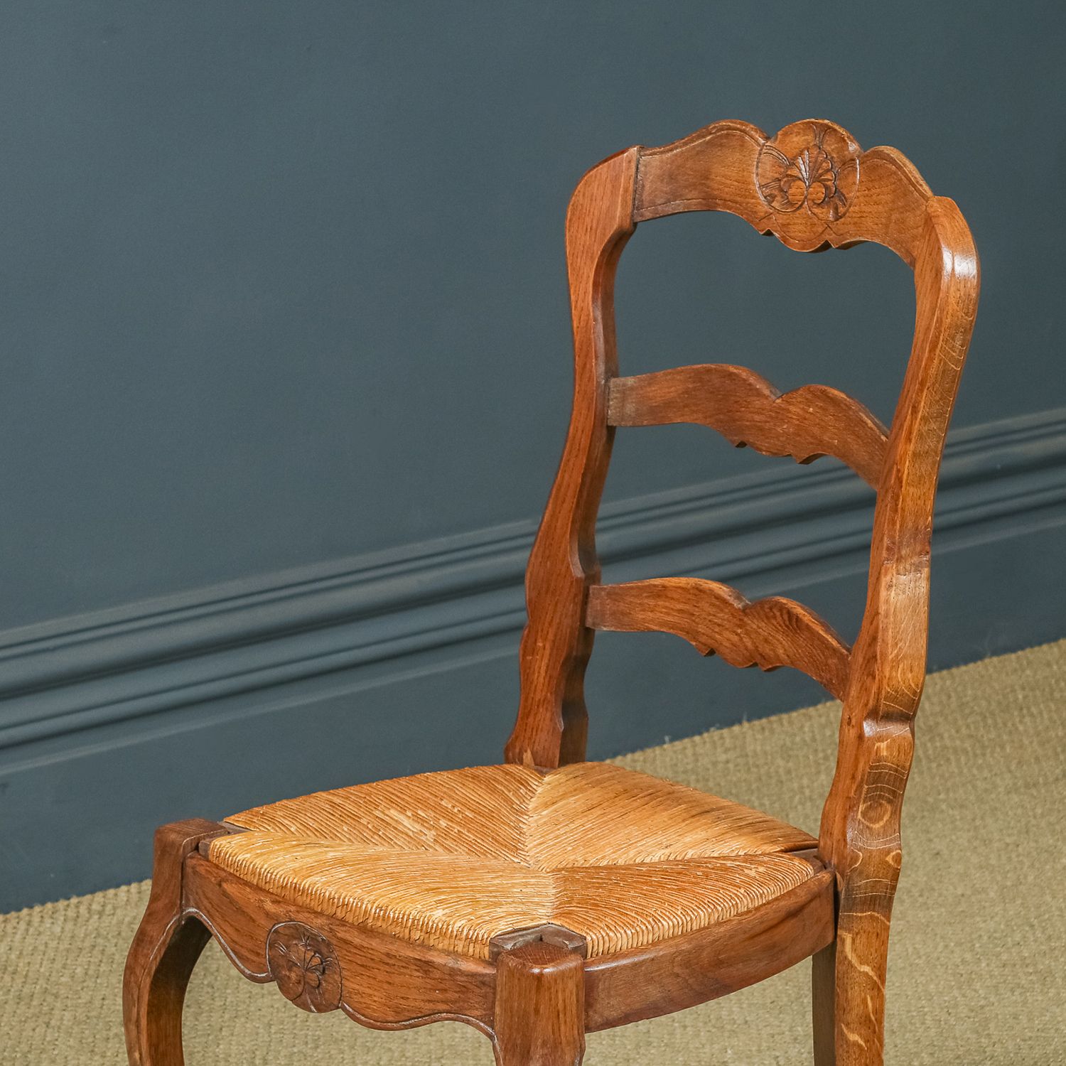 Furniture French Set Of 12 Twelve Louis XV Style Oak Ladder Back Rush Seat Kitchen Dining Chairs (Circa 1920) photo