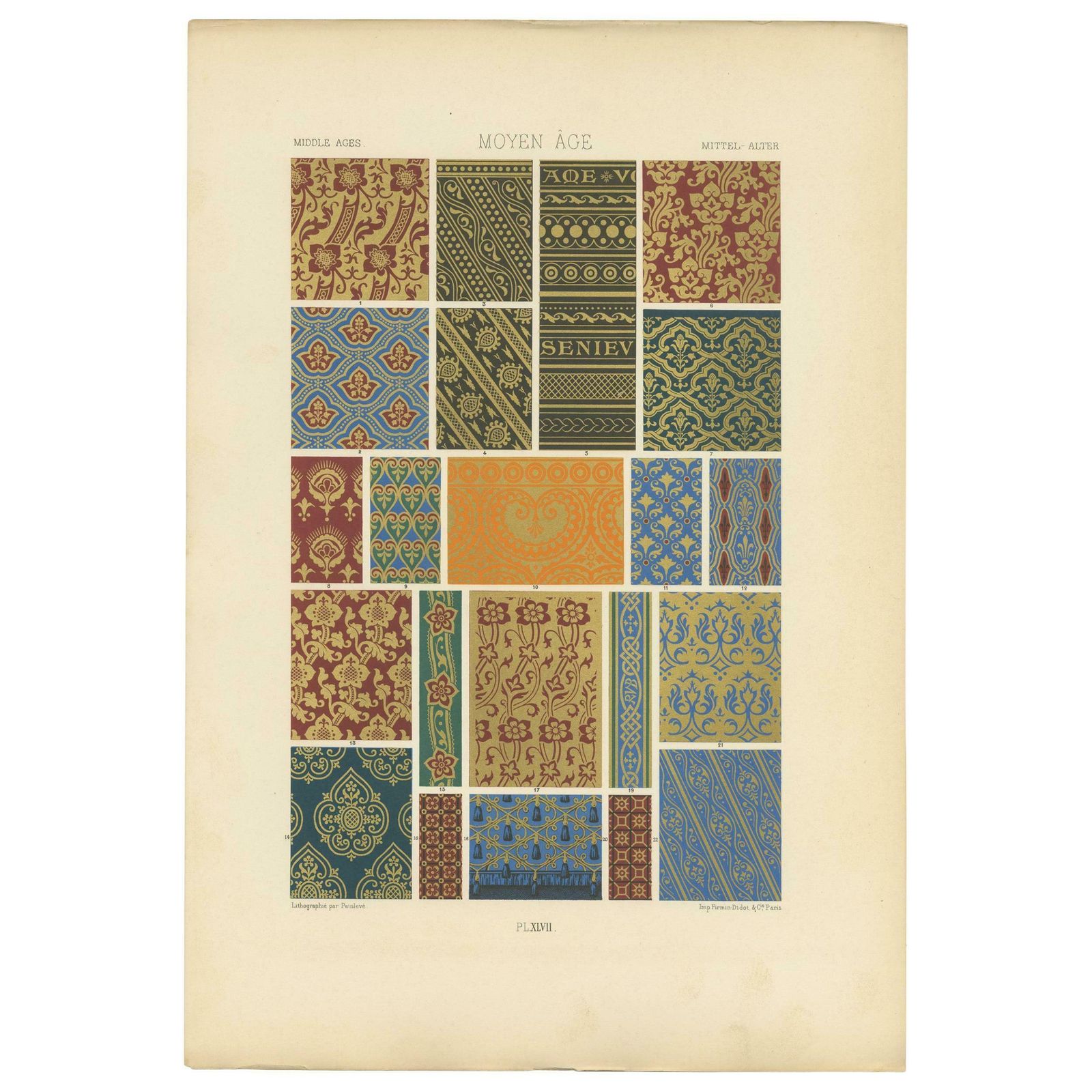 Pl. 47 Antique Print Of Middle Ages Ornaments By Racinet, 'Circa 1890'