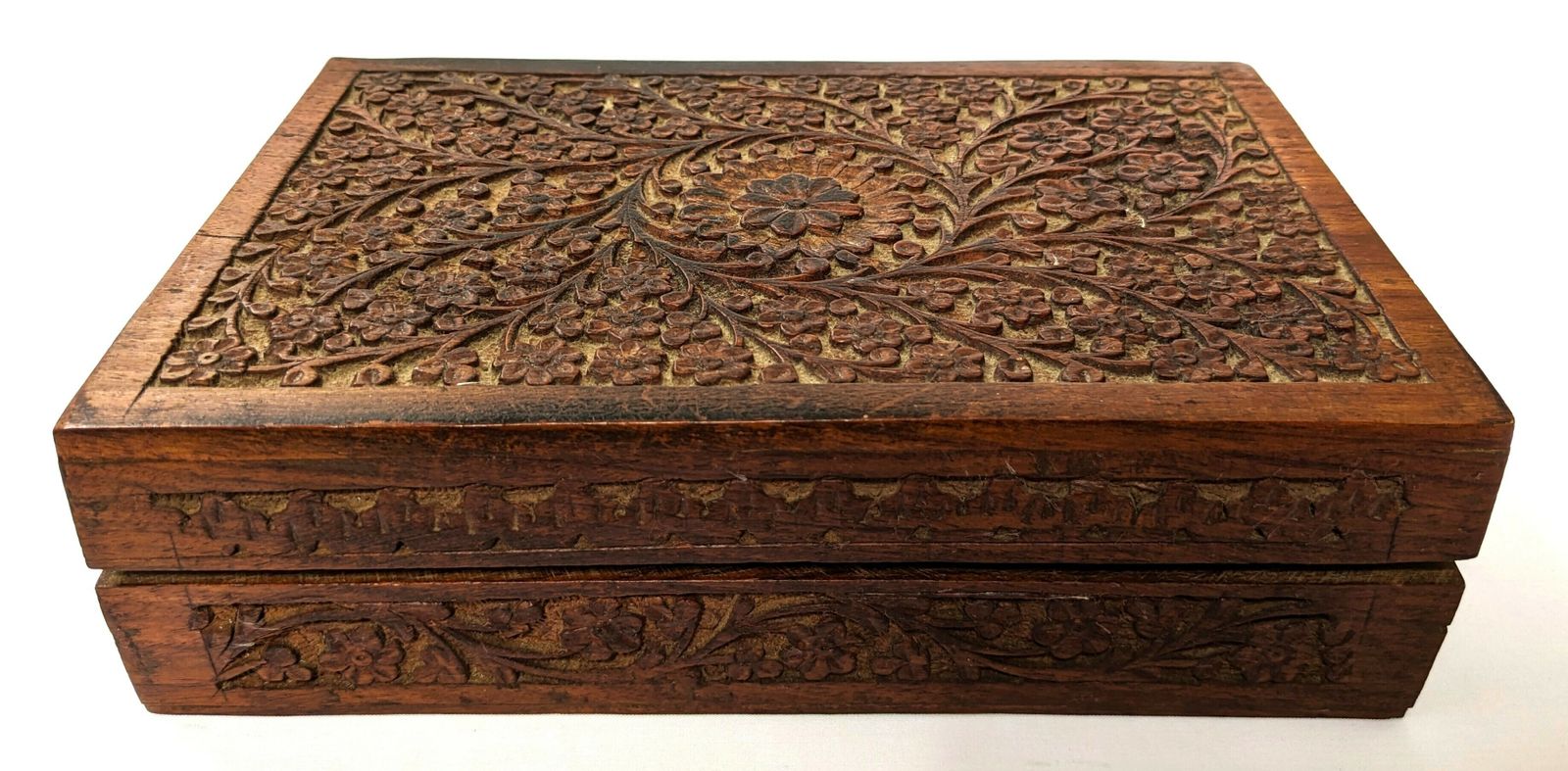 Antique Anglo Indian Carved Wooden Jewellery Box From Kashmir