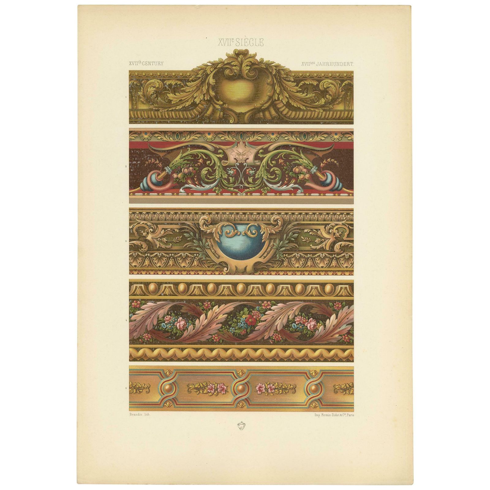 Pl. 113 Antique Print Of 17th Century French Tapestries By Racinet, Circa 1890