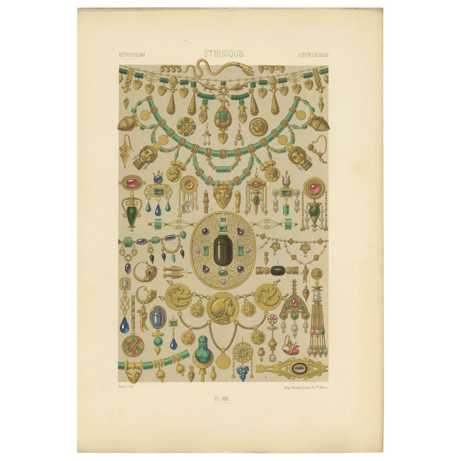 Pl. 7 Antique Print Of Etruscan Ornaments By Racinet, Circa 1890