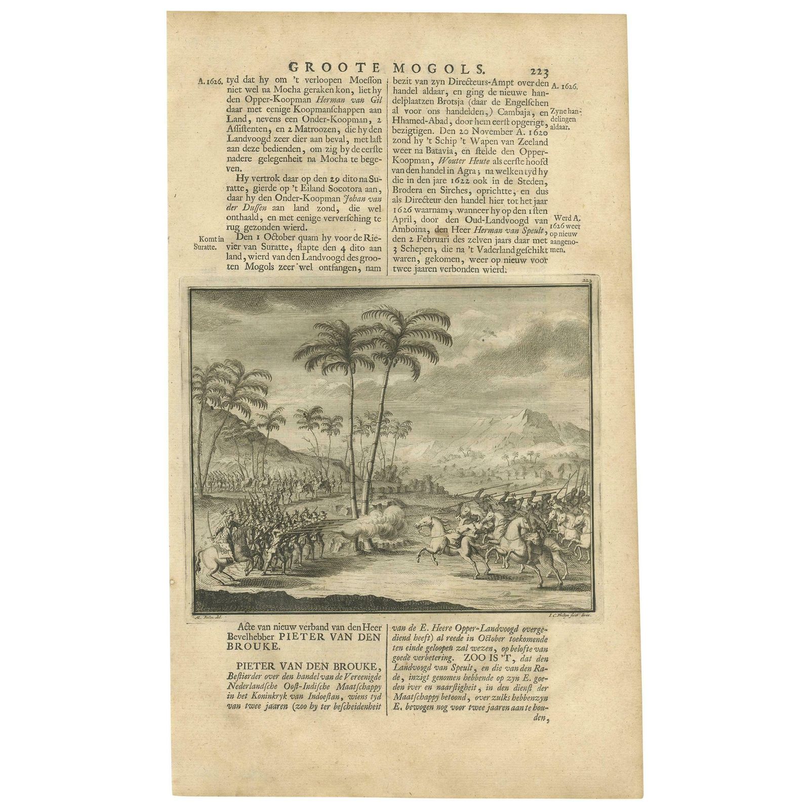 Antique Print Of A Battle In The Mughal Empire By Valentijn, 1726
