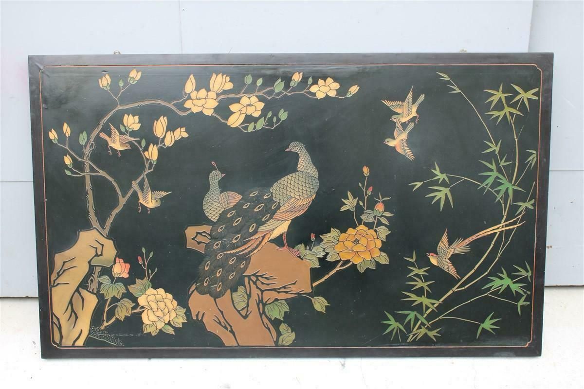 1950s Chinese Lacquer Decorative Panel With Birds, Lotus Flowers And Plants photo furniture