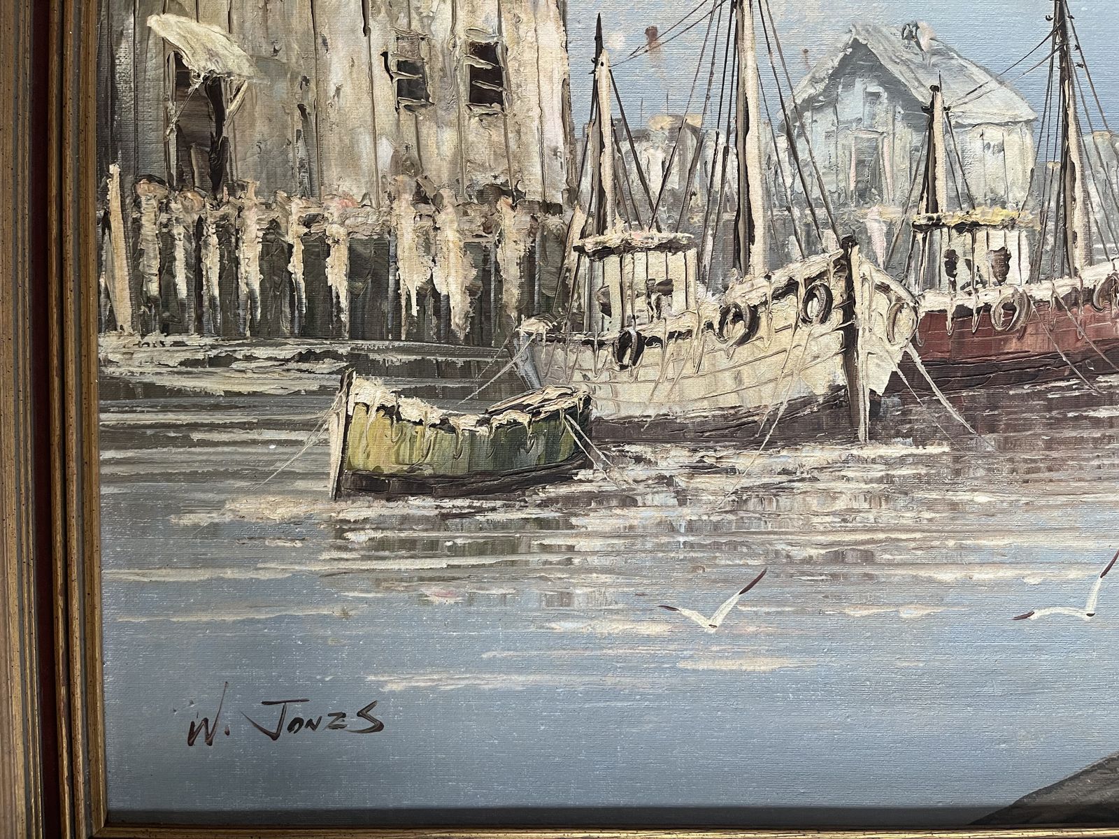 Oil On Canvas Ships In Harbour By W. Jones photo for sale