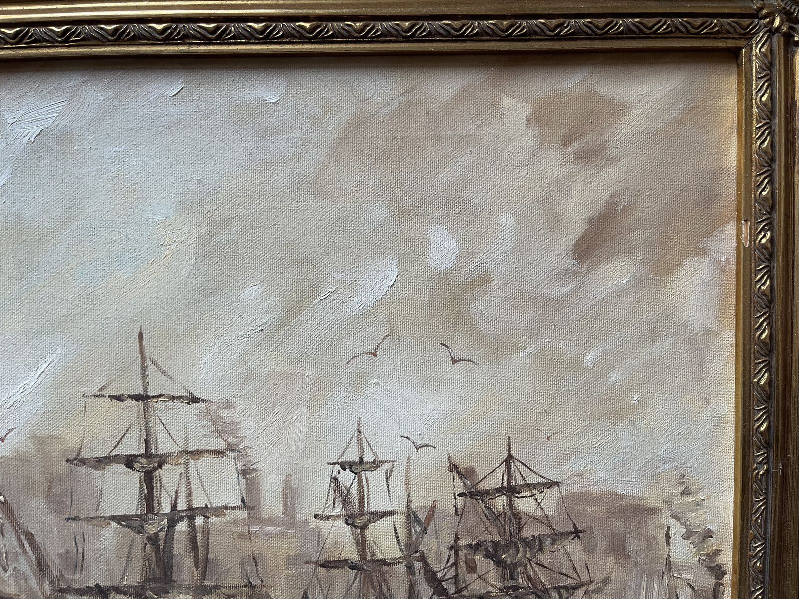 Oil Painting On Canvas Of Tall Ships In Harbour By H.C. Owen photo Art