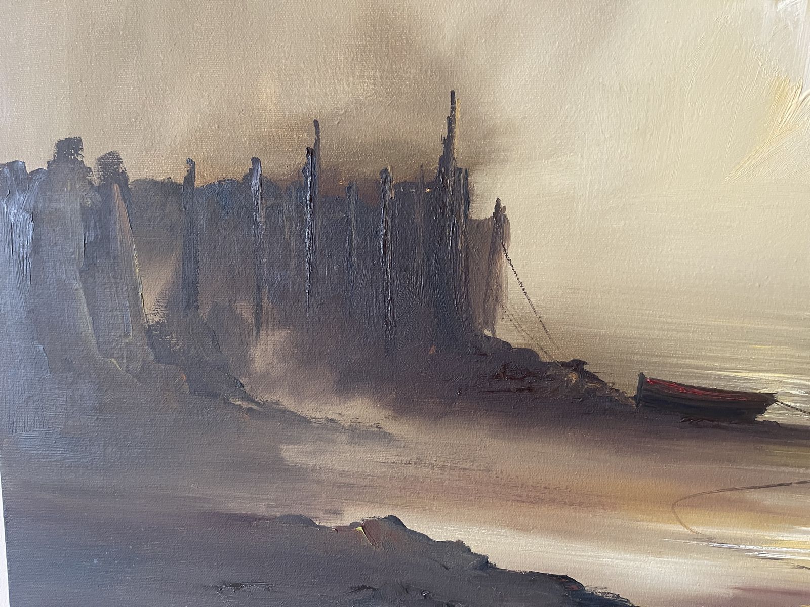 Unframed Oil On Stretched Canvas Sailing Ships Moored In Harbour Barry Hilton (B.1941) photo buy