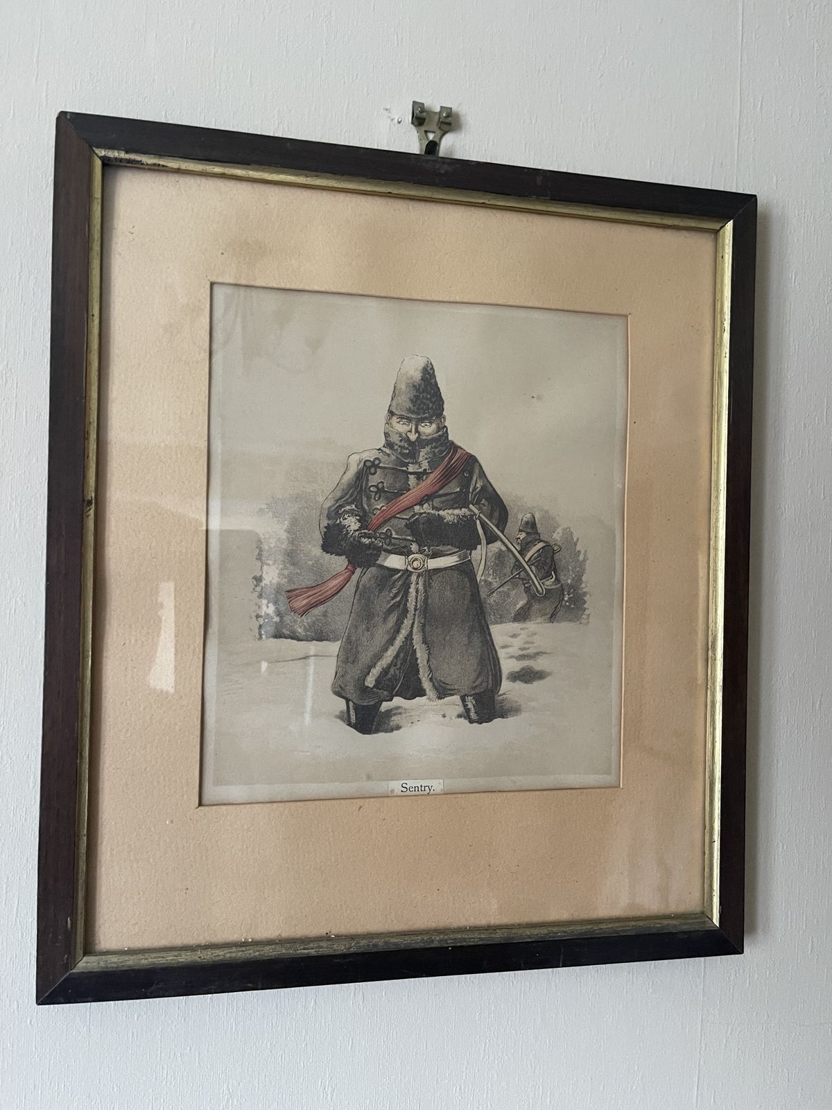 Framed, Glazed And Mounted Chromolithograph Titled Sentry From The Book Army And Navy Drolleries By Major Thomas Strong Seccombe