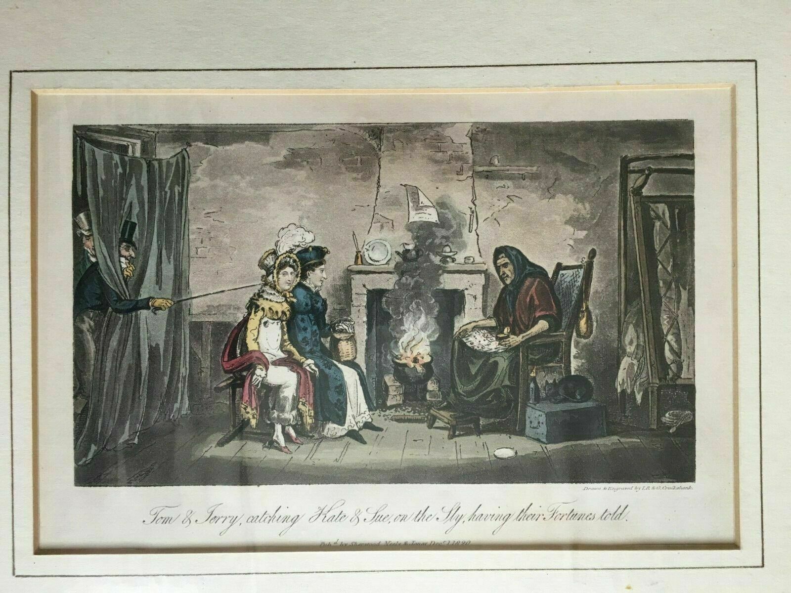 Original Lithograph Titled 'Tom & Jerry,Catching Kate & Sue On The Fly,Having Their Fortunes Told'