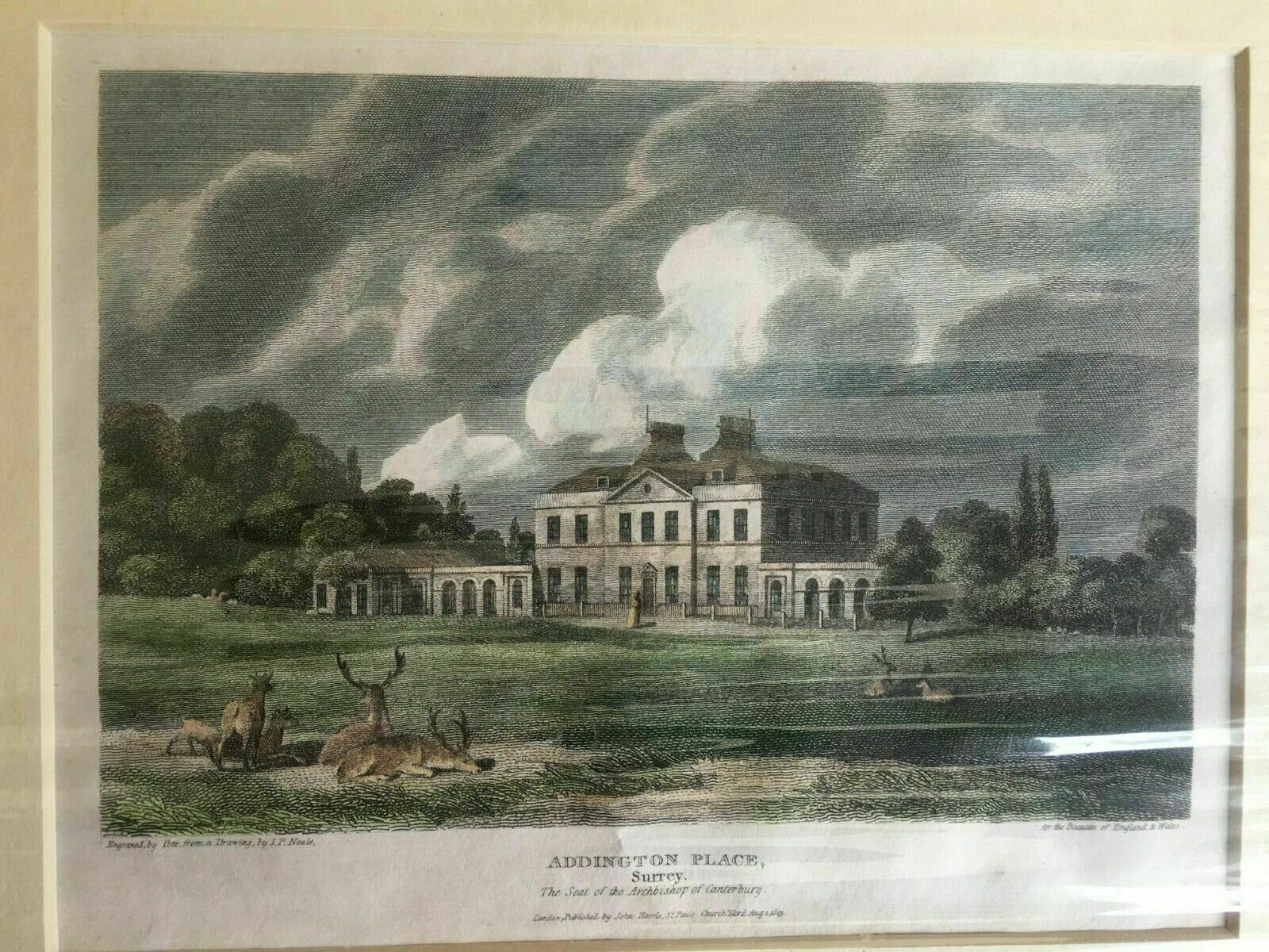 Print From Steel Engraving Titled 'Addington Place Surrey' 1813